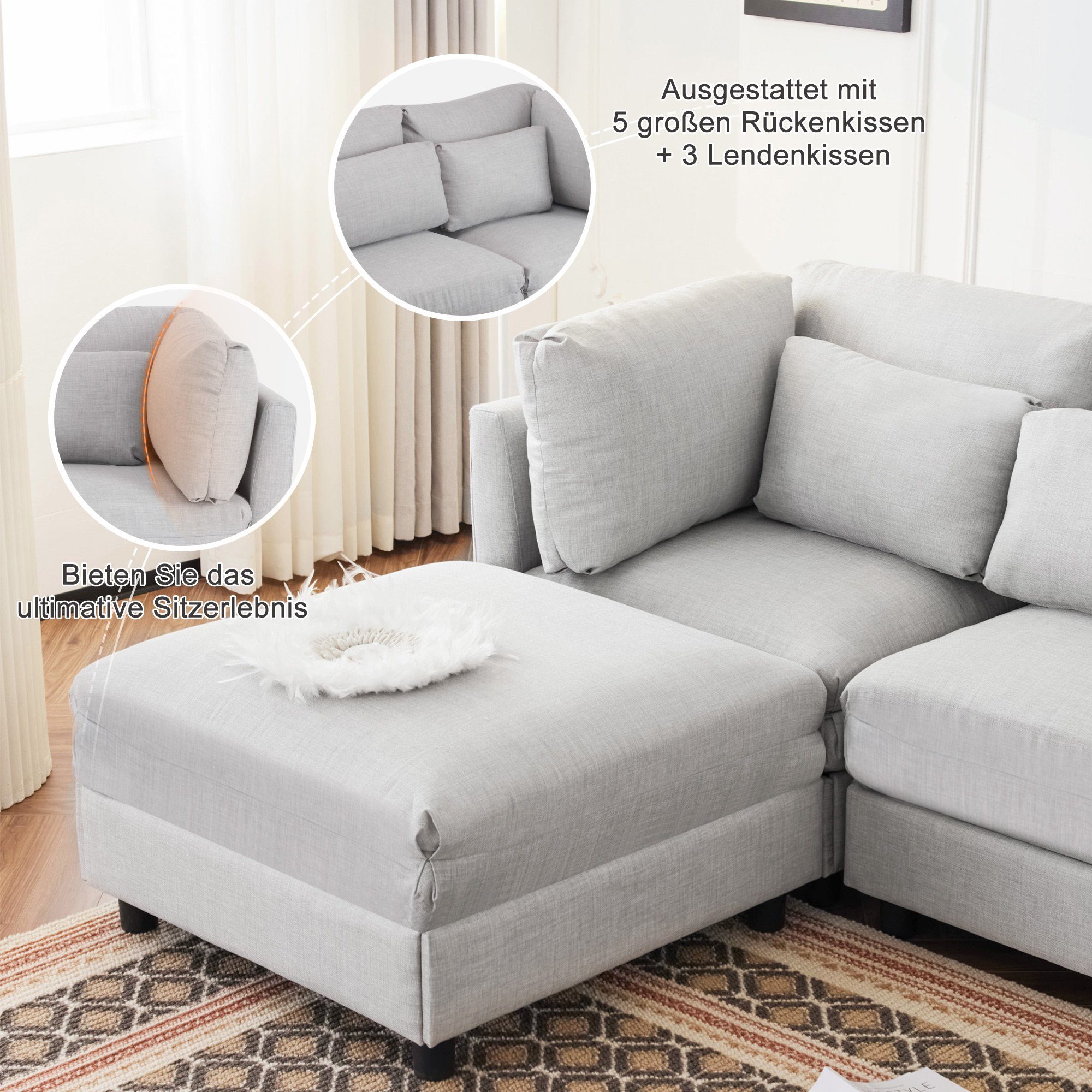 Merax Ecksofa mit abnehmbaren Hellgrau mit Sofagarnitur Kissen, mane, Leinenbezug, mit Couch 3-Sitzer modulare