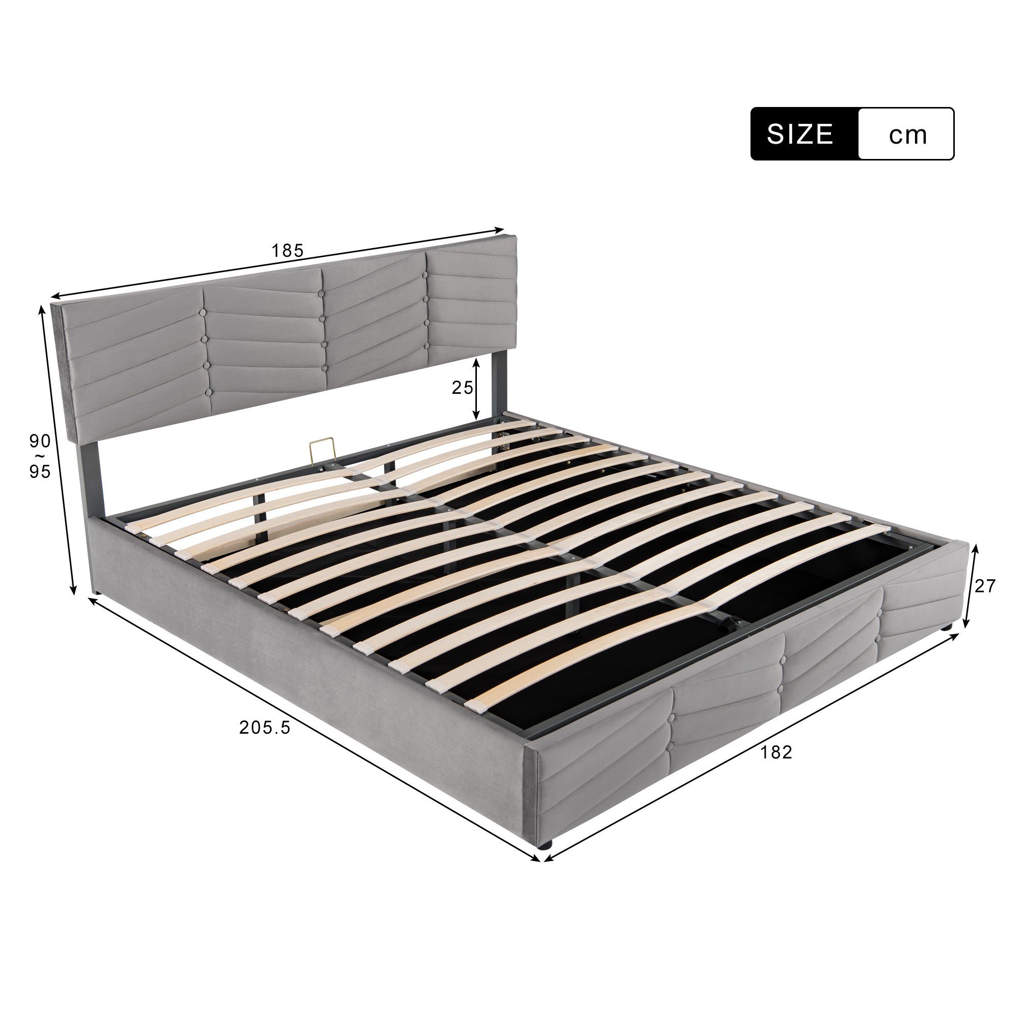 Boxspringbett (Polsterbett mit Lattenrost und Bettkasten, verstellbarem Kopfteil), Doppelbett Hydraulisches Bett 180x200 cm, Bezug aus Samt