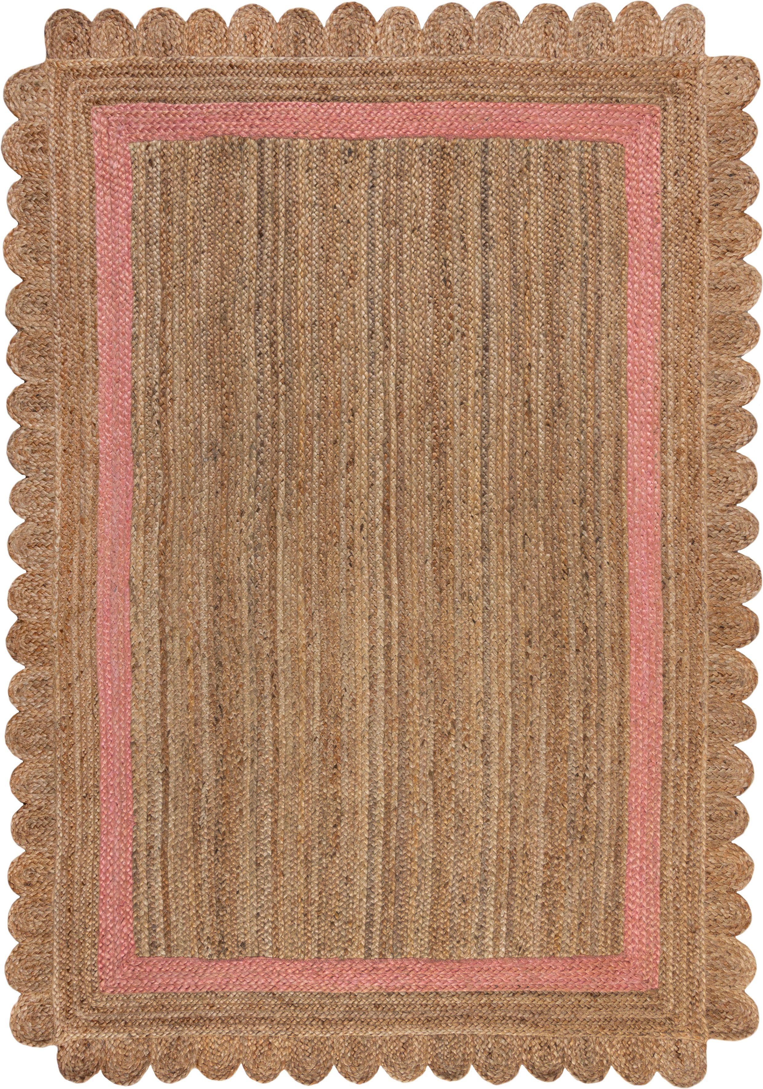 Teppich Grace, FLAIR RUGS, rechteckig, Höhe: 7 mm, aus 100% Jute, fußbodenheizungsgeeignet, mit Bordüre natur/pink | Kurzflor-Teppiche