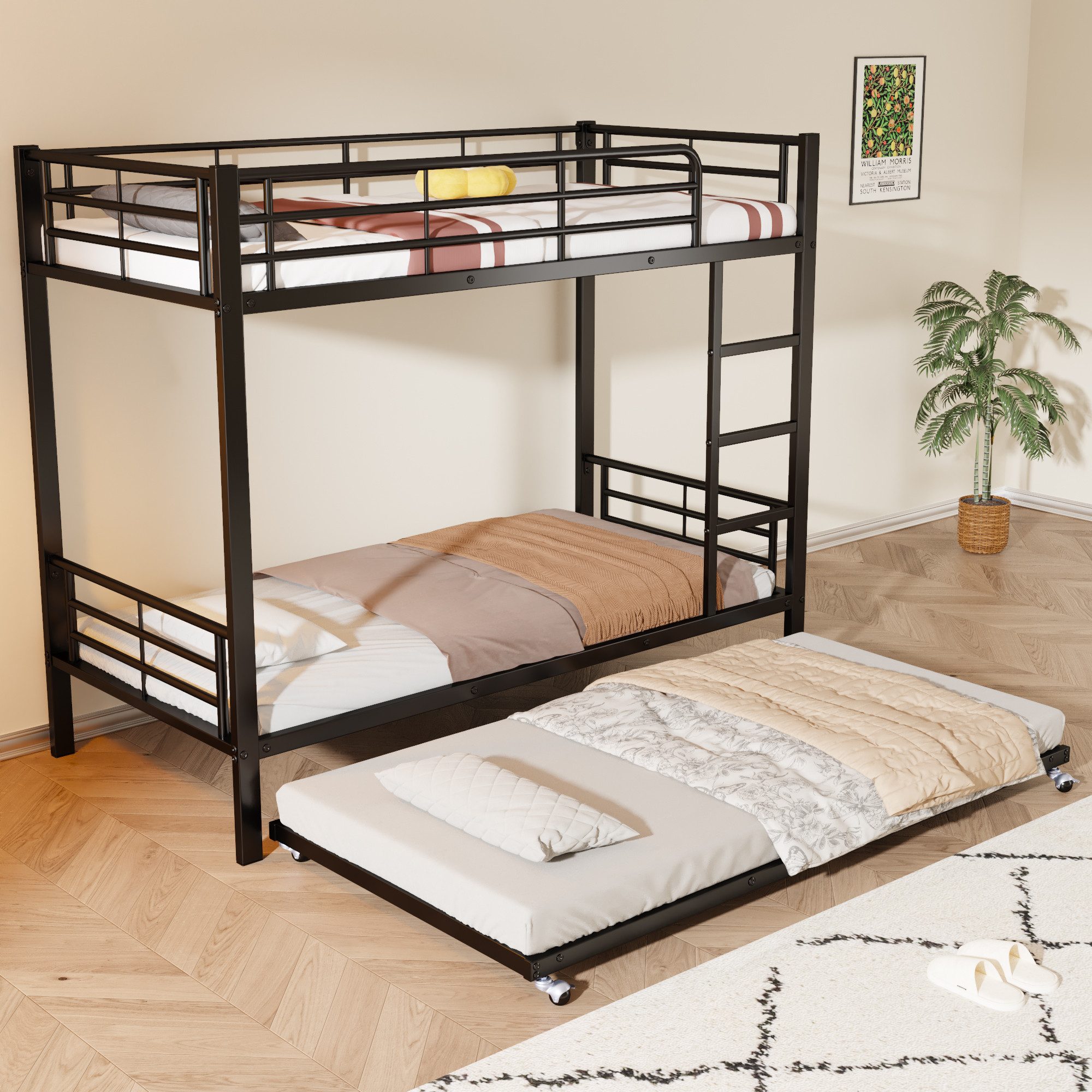 OKWISH Etagenbett Eisen-Etagenbett mit Ausziehbett & vier Seitengittern (Metallbett Kinderbett, Maße: 90x200 cm & 90x190 cm, in Schwarz), Für Kinder- und Jugendzimmer, ohne Matratze