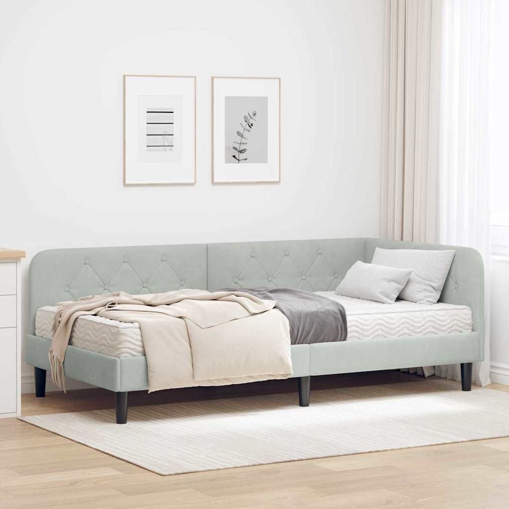 furnicato Daybed Eckbettgestell 90 x 200 cm Hellgrau, Umkehrbares Kopfteil Tagestbett mit Schaumstoffmatratze für Gäste