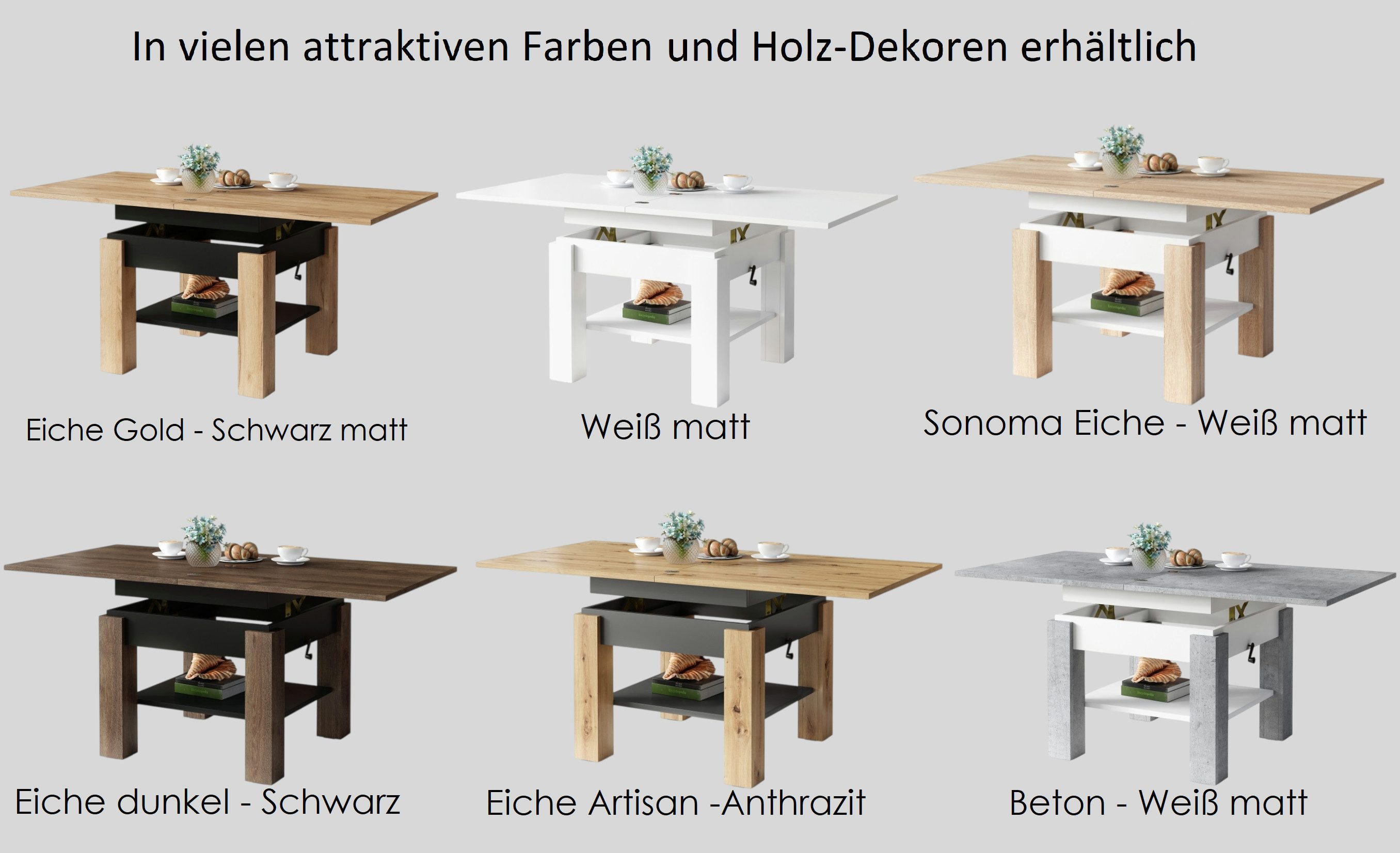 designimpex Couchtisch Design Couchtisch Cleo stufenlos höhenverstellbar aufklappbar Esstisch