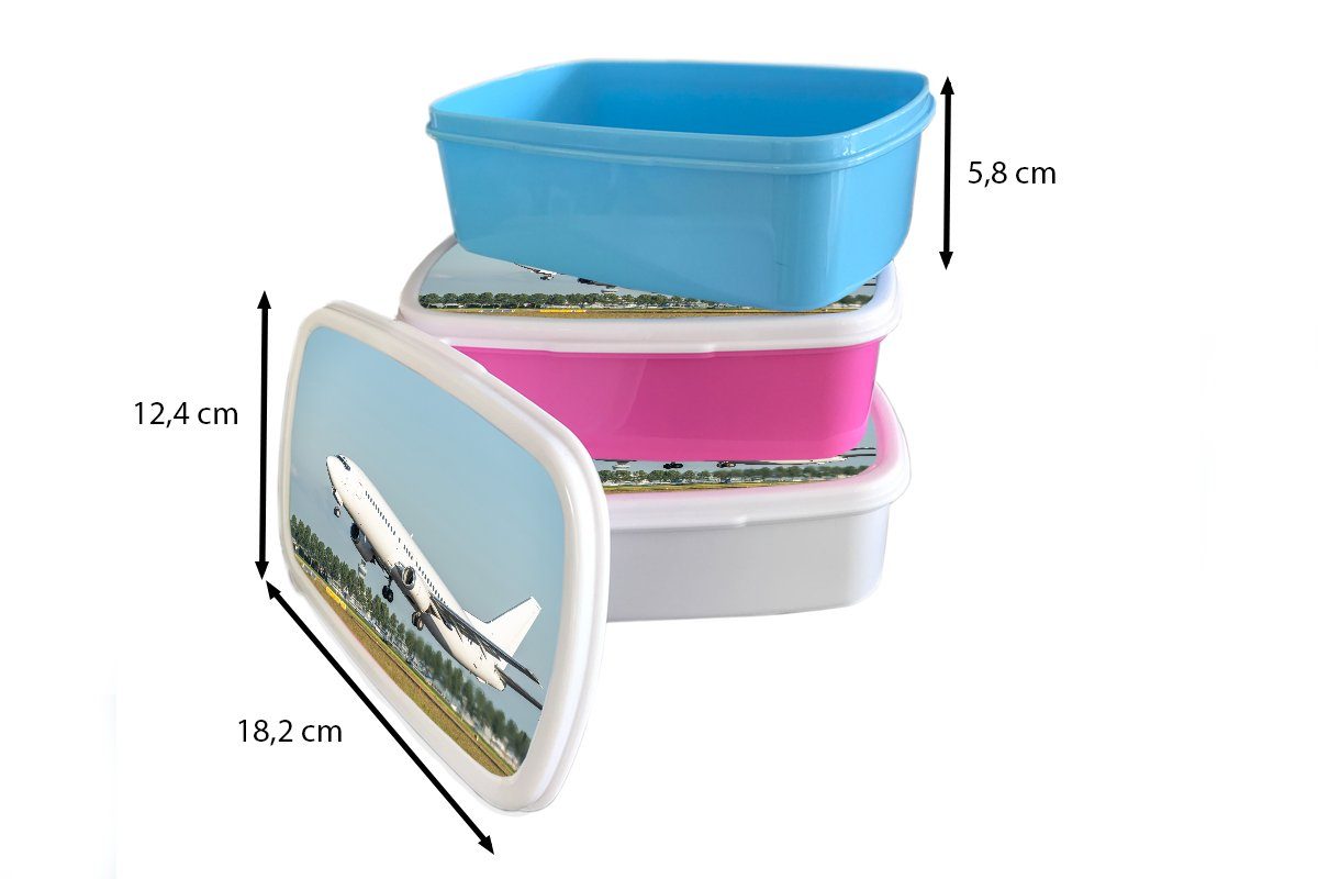 MuchoWow Lunchbox Abfliegende Brotbox in Kunststoff, für und Schiphol, und für Mädchen Kinder (2-tlg), Erwachsene, Brotdose, Flugzeuge Jungs weiß