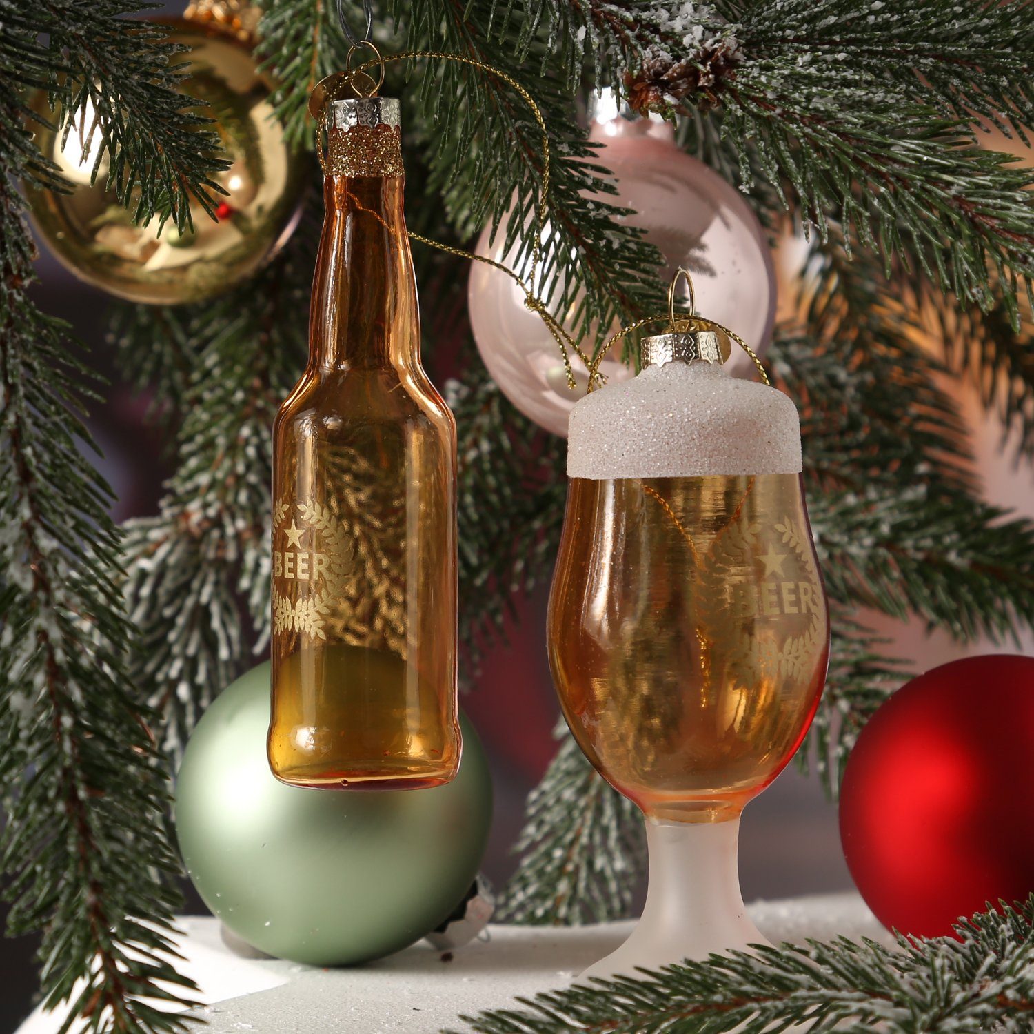 MARELIDA Christbaumschmuck Weihnachtsbaumschmuck BIER Glas Flasche Trinkglas Weihnachtskugel 2St