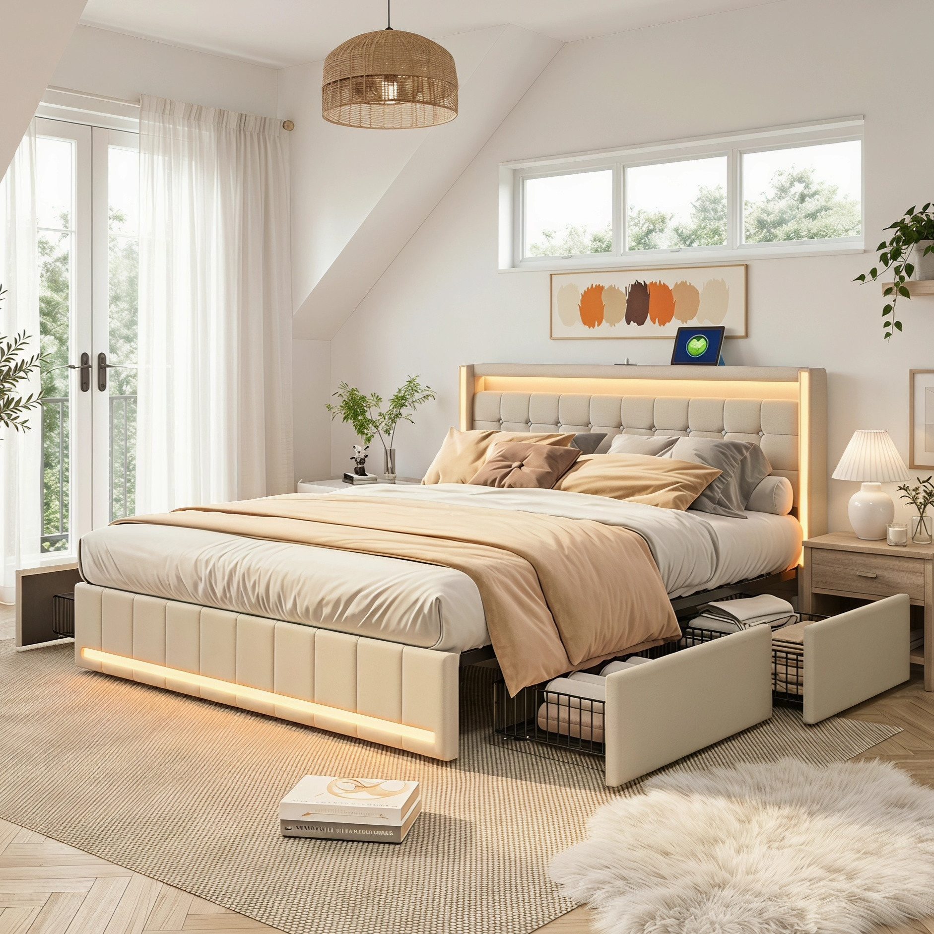 PXloue Polsterbett LED Doppelbett 140x200cm mit Ladefunktion und 4 Schubladen Polsterbett (Geeignet für Jugendliche und Erwachsene), mit RGB-LED, Lattenrost und praktischen Schubladen, 160x200