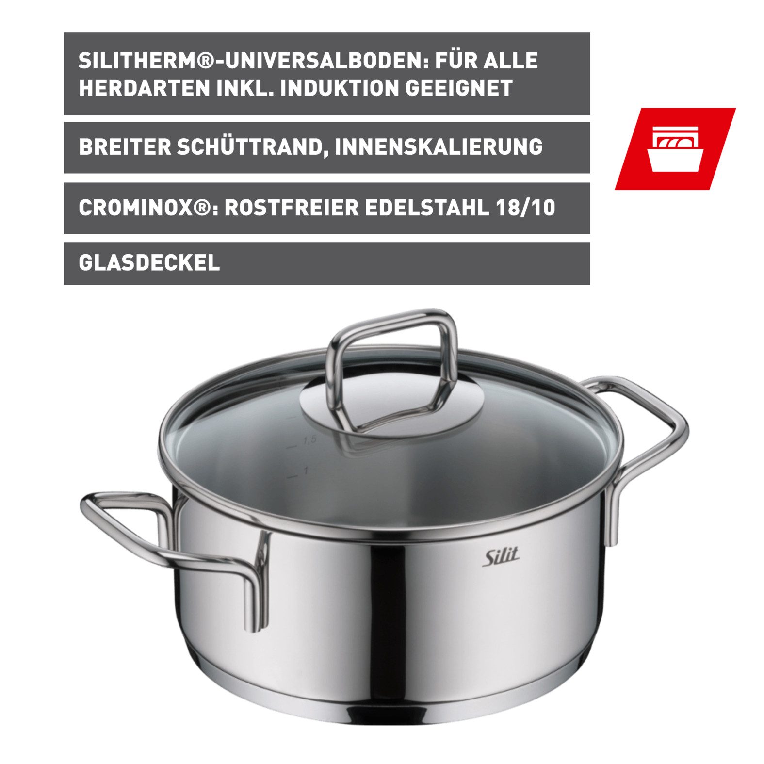 Silit Bratentopf Extra Cook, mit Glasdeckel, Edelstahl 18/10 (2-tlg), SiliTherm Universalboden, induktionsgeeignet, spülmaschinengeeignet