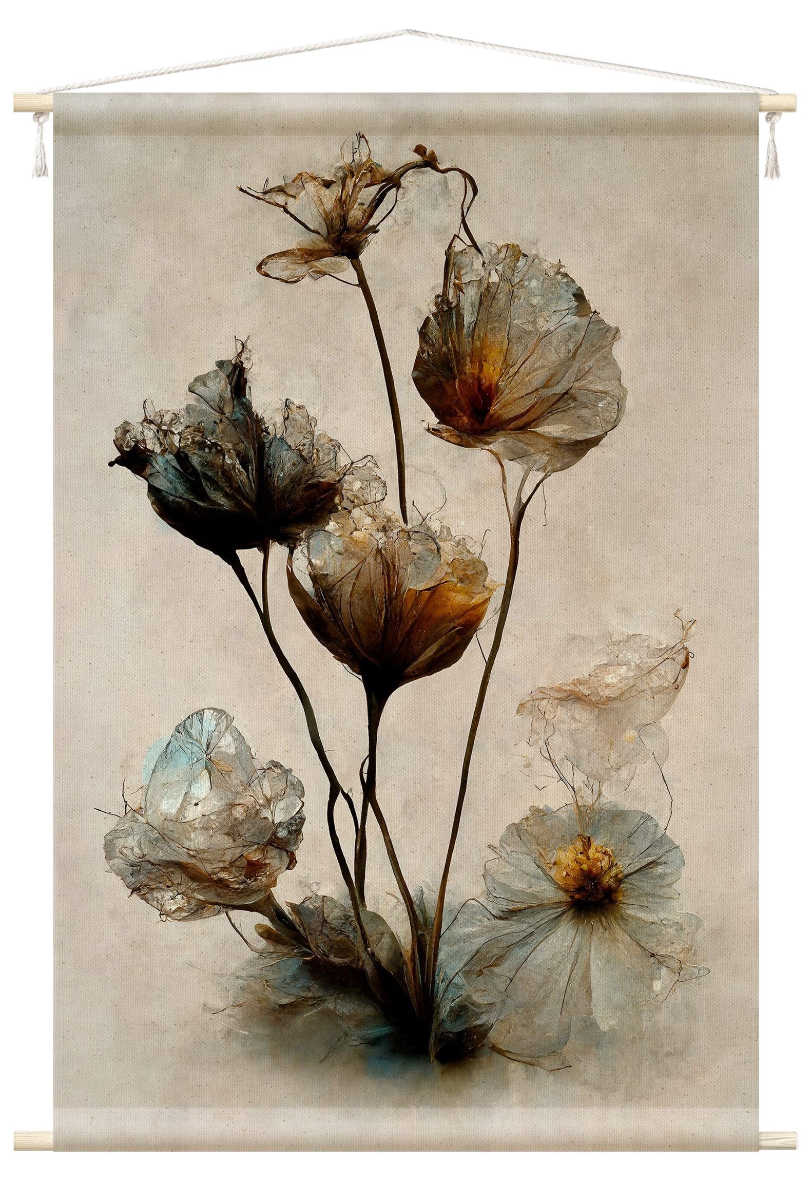 Bilderdepot24 Wandteppich modern Blumen Aquarell Vintage beige, rechteckig, Höhe: 2.6 mm, großes Wandbild aus Natur-Baumwolle Wandbehang Stoffbild Tuch Wollseil