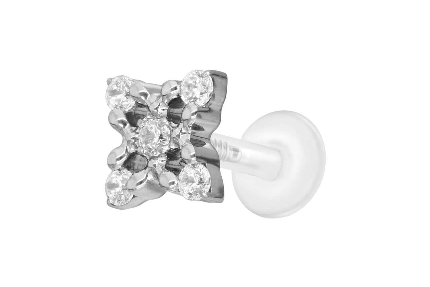 Piercing-Set PTFE Labret mit Innengewinde + Titan-Aufsatz KRISTALLBLUME