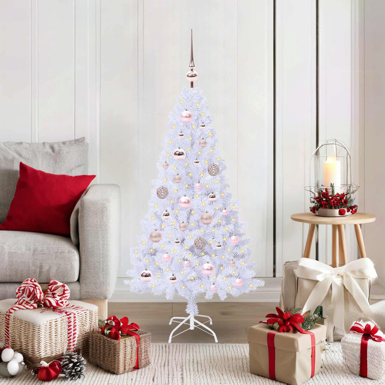 furnicato Künstlicher Weihnachtsbaum Weiß 120 cm mit LED-Lichterkette, Rosa Tannenbaum mit 8 Blinkmodi, USB-Anschluss und stabilem Ständer