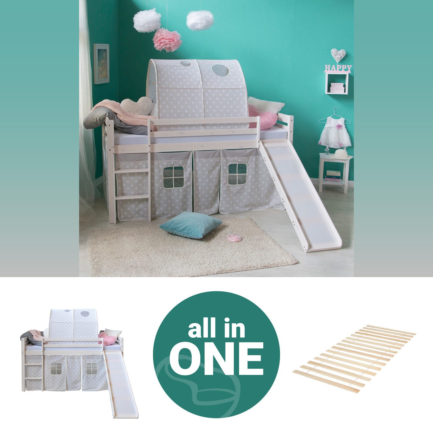Homestyle4u Hochbett 90x200 Weiß mit Vorhang günstig online kaufen