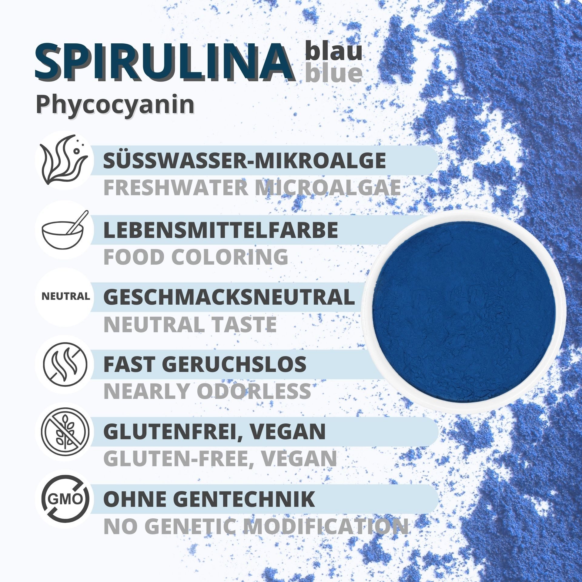 DistrEbution Spirulina Blau Pulver 10g-10kg Natürlicher Farbstoff für Lebensmittel Pulver, 10 g, Natürlicher und Veganer Farbstoff