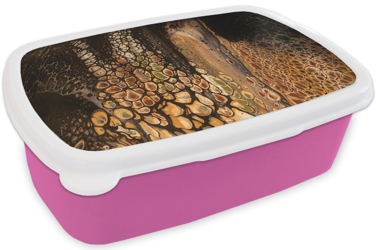 MuchoWow Lunchbox Acrylfarbe - Gießfarbe, Kinder, rosa Brotbox (2-tlg), Snackbox, Erwachsene, Mädchen, - Braun Kunststoff Brotdose für Kunststoff