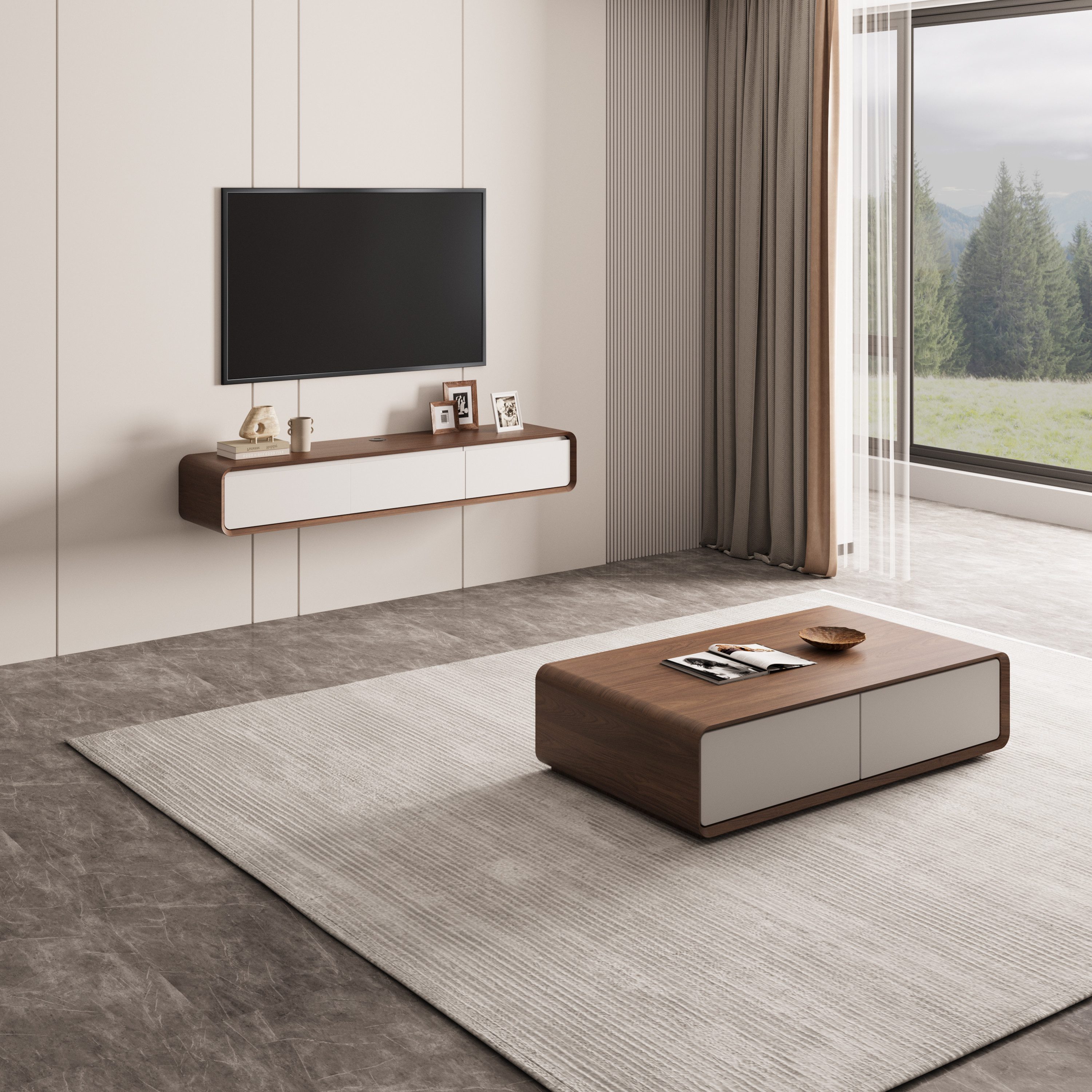 POVISON TV-Schrank 160cm Minimalistischer schwebender TV Schrank, Walnussfurnier (1-St) Modernes wandmontiertes TV Möbel mit 3 Schubladen