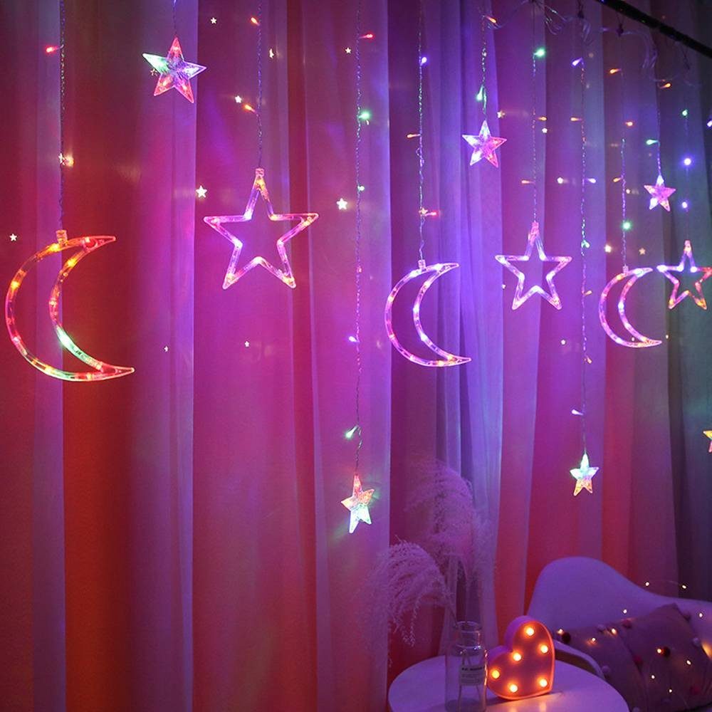 Mehrfarbig( Sterne Sunicol Islam A) LED-Lichterkette Eid 3.5M Lichtervorhang Modi,Ramadan Lichternetz,8 Nachtlicht,