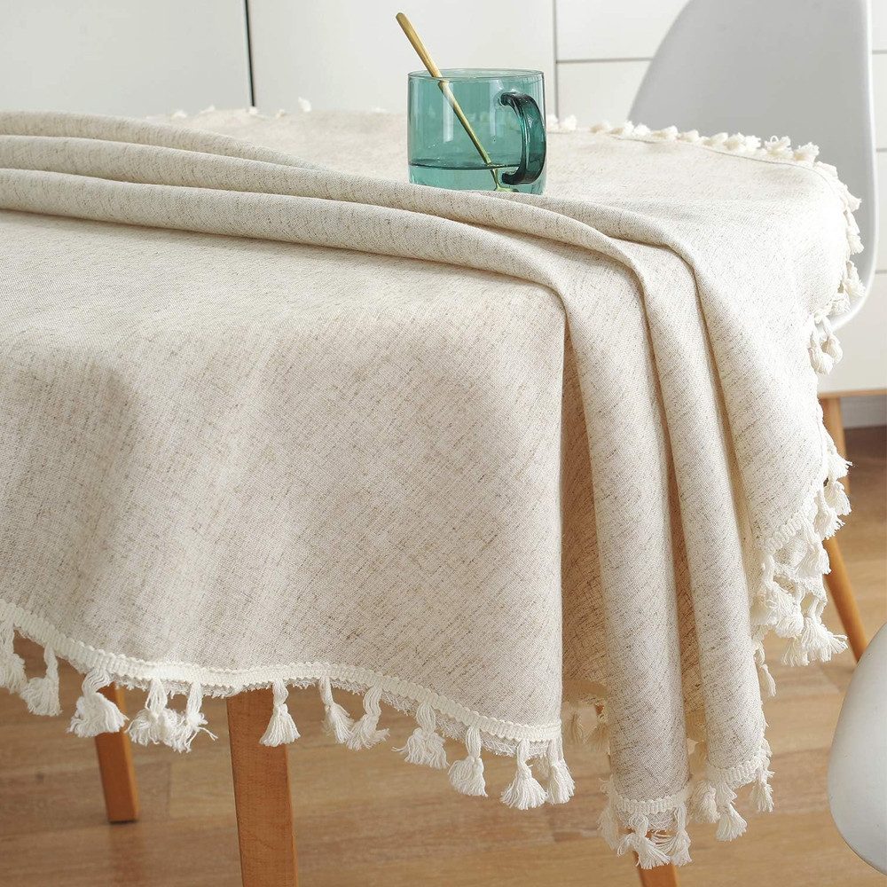 TUWENA Tischdecke Abwaschbar Leinen Baumwolle Tischtuch,Knitterfrei Tischtuch mit Quaste