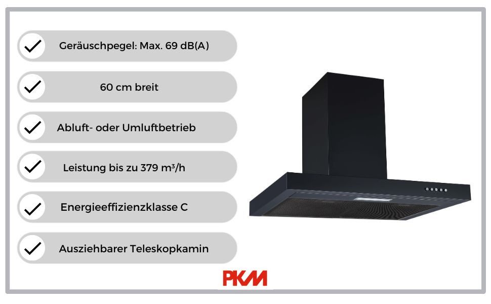 PKM Wandhaube PKM 6004BH Dunstabzugshaube, 60 cm, schwarz PKM 6004BH Dunstabzugshaube, 60 cm, schwarz, 60 cm breit, schwarz, 3 Leistungsstufen, LED-Beleuchtung
