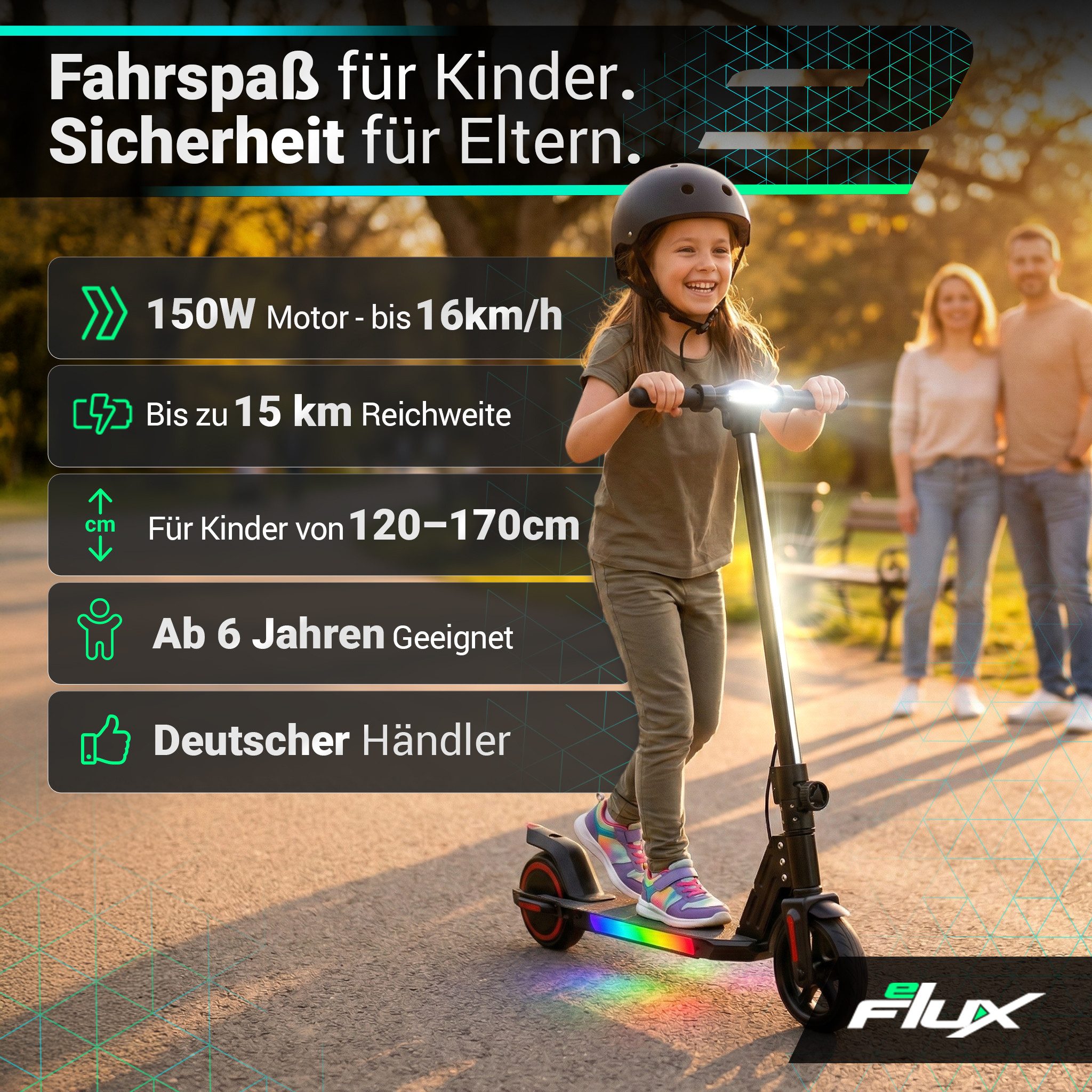 eFlux Elektro-Kinderroller Kids K1 E-Scooter bis zu 16 km/h ab 6 Jahren, Escooter für Kinder, E Roller für Kinder, E scooter