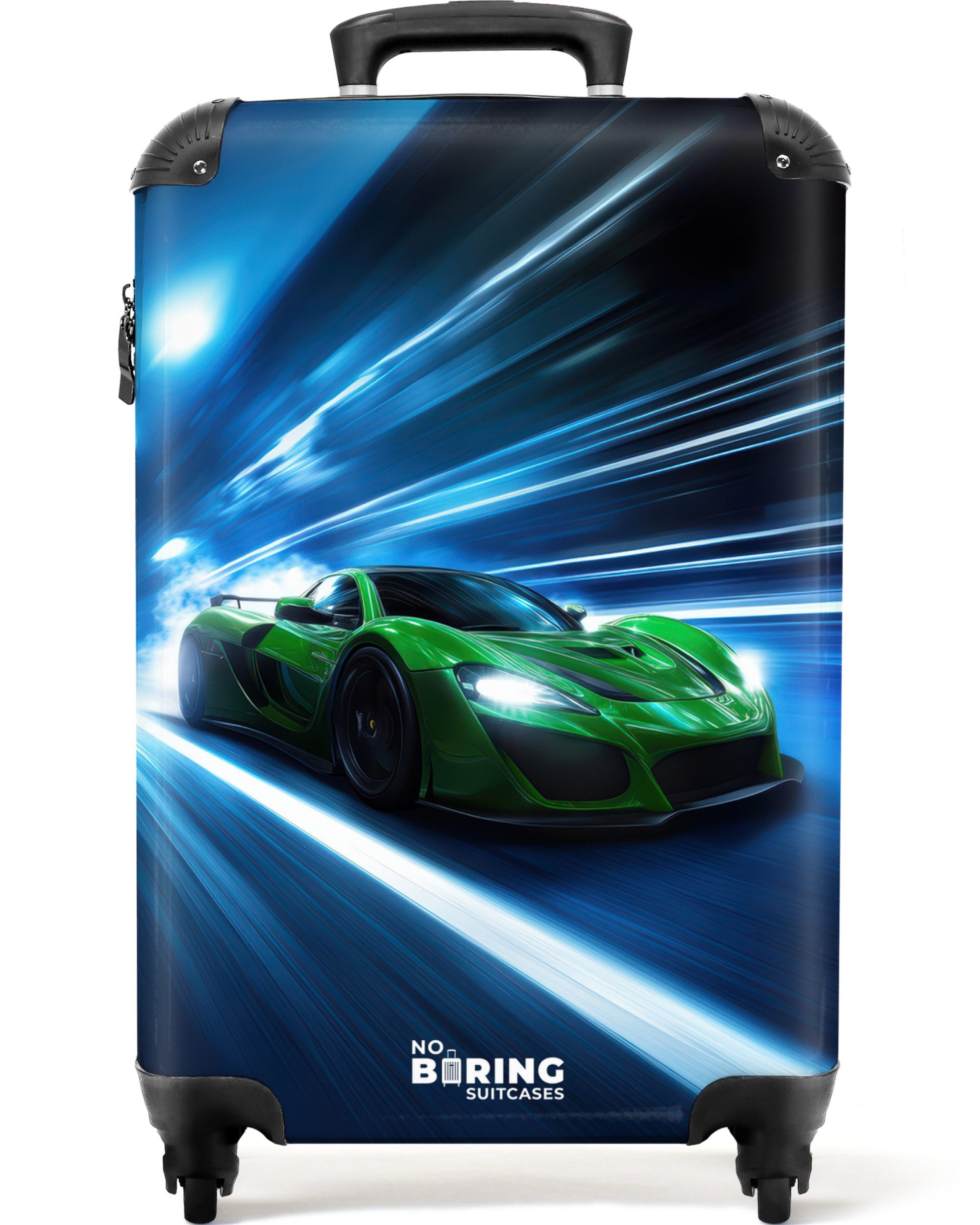 NoBoringSuitcases.com© Kinderkoffer Grünes Superauto blinkt durch Neonlicht 55x35x20cm, 4 Rollen, Handgepäck Koffer, Hartschalenkoffer Kinder, Reisekoffer Jungen