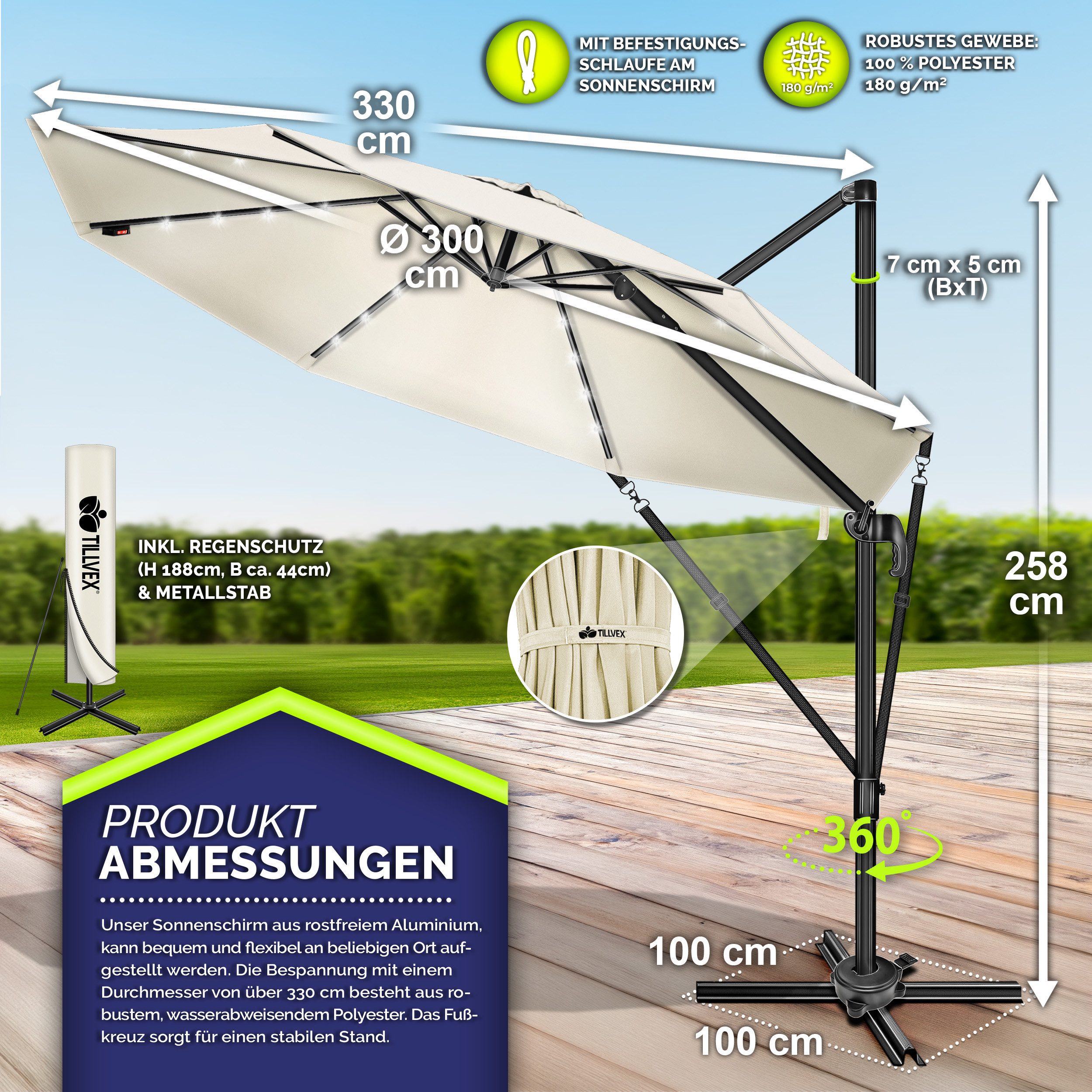 tillvex Sonnenschirm tillvex® LED Premium Alu Sonnenschirm 330 cm + Abdeckung & Windsicheru, Premium-Series, inkl. Regenabdeckung, Ampelschirm 6-fach Verstellba – Bild 5 von 5