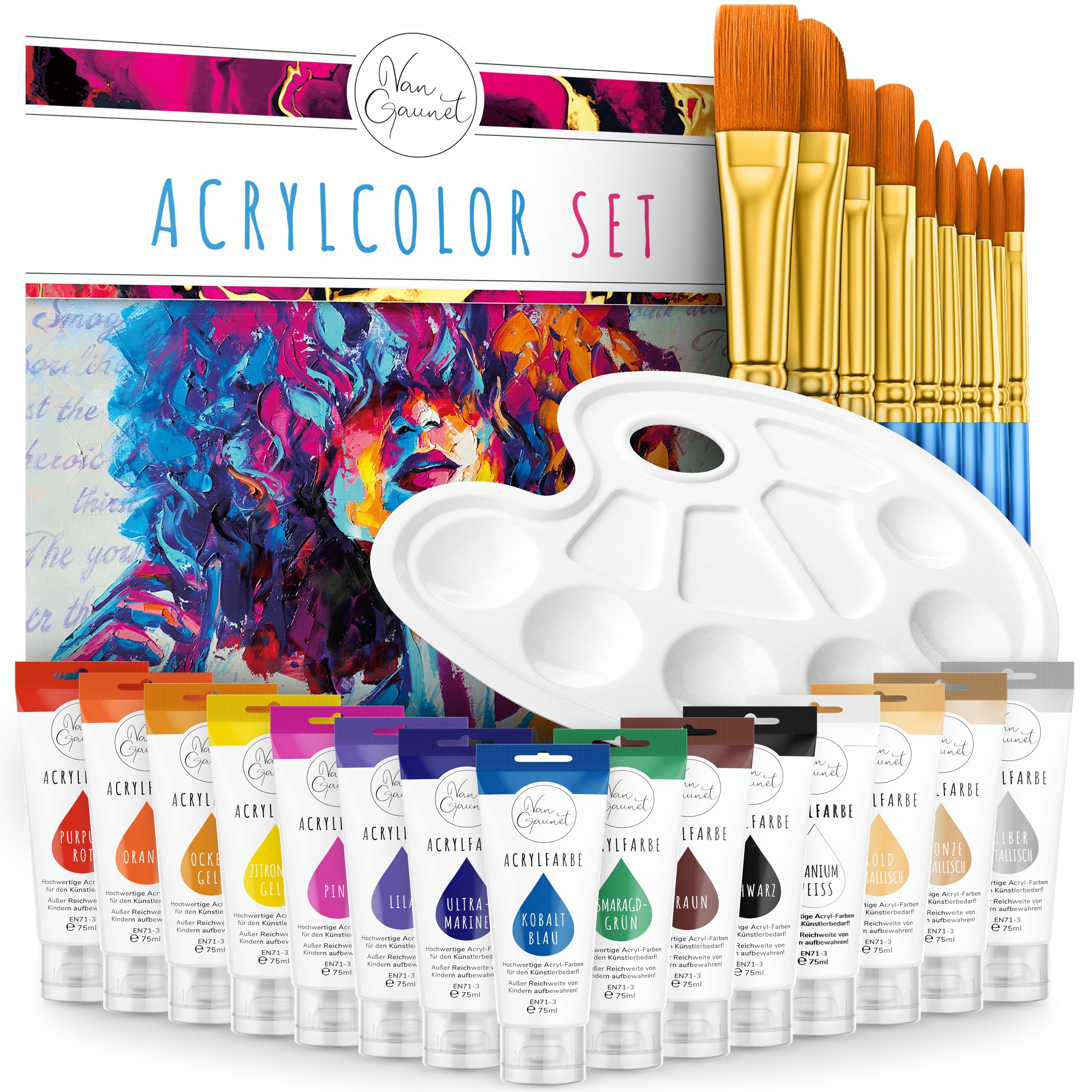 Van Gaunet Künstlerstift »Van Gaunet Acrylfarben Set – 16 Acryl Farben 75ml  Pigment & 10 Pinsel« online kaufen | OTTO