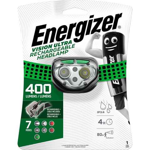 Energizer Kopflampe Vision Ultra Rechargeable 400 Lumen, über USB wiederaufladbar