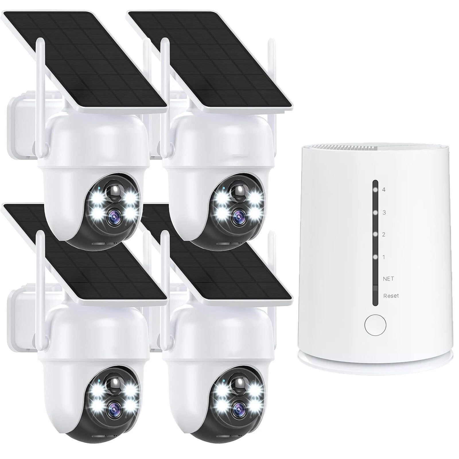 ieGeek Überwachungskamera 4MP FHD Überwachungskamera Set Aussen Solar/Akku mit 4CH Basisstation (Innenbereich, AuBenbereich, 100% Kabellos Eingebettetes Solarpanel,Kinderleichte Installation, 1-tlg., 360° Schwenkbar, Farbige Nachtsicht mit Flutlicht, 4CH Basisstation mit 4 stk kabellosen Dome Kameras)