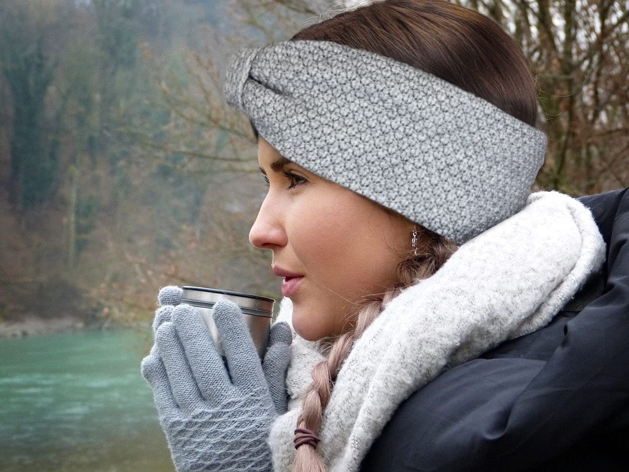Frentree Stirnband Gefüttertes Haarband, Ohrenwärmer für Damen und Mädchen, Strickmuster mit Schleife und weichem Fleece Innenfutter – Bild 4 von 5