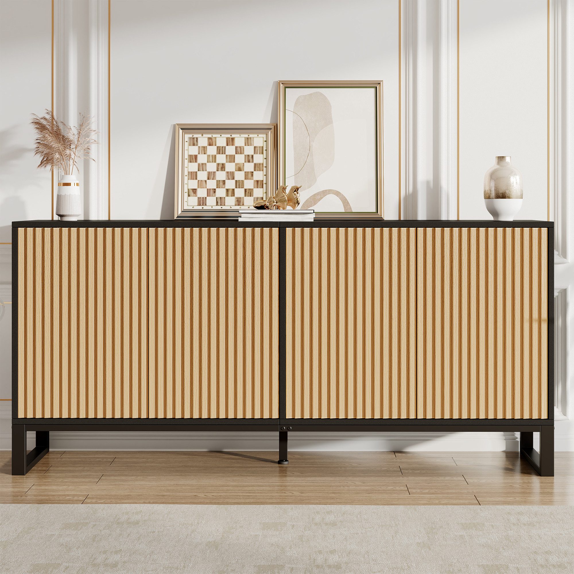 Merax Sideboard mit 4 Türen, höhenverstellbaren Einlegeböde & Stauraum (160 L x 40 B x 75 H cm, 1 St), Kommode mit vertikaler Rillenoptik, …