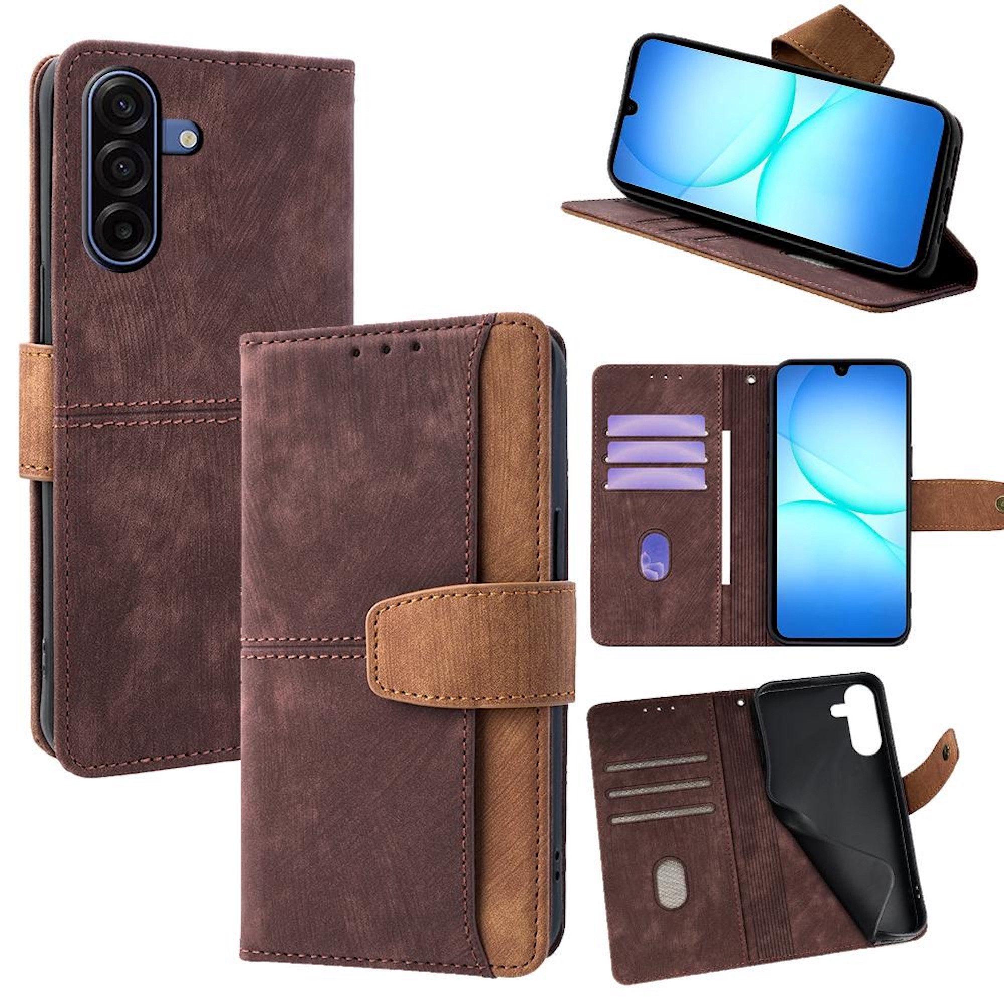 Wigento Handyhülle Für Samsung Galaxy A17 5G Color Skin Feel Kunstleder Hülle Braun, RFID-Schutz, Kartenfächer