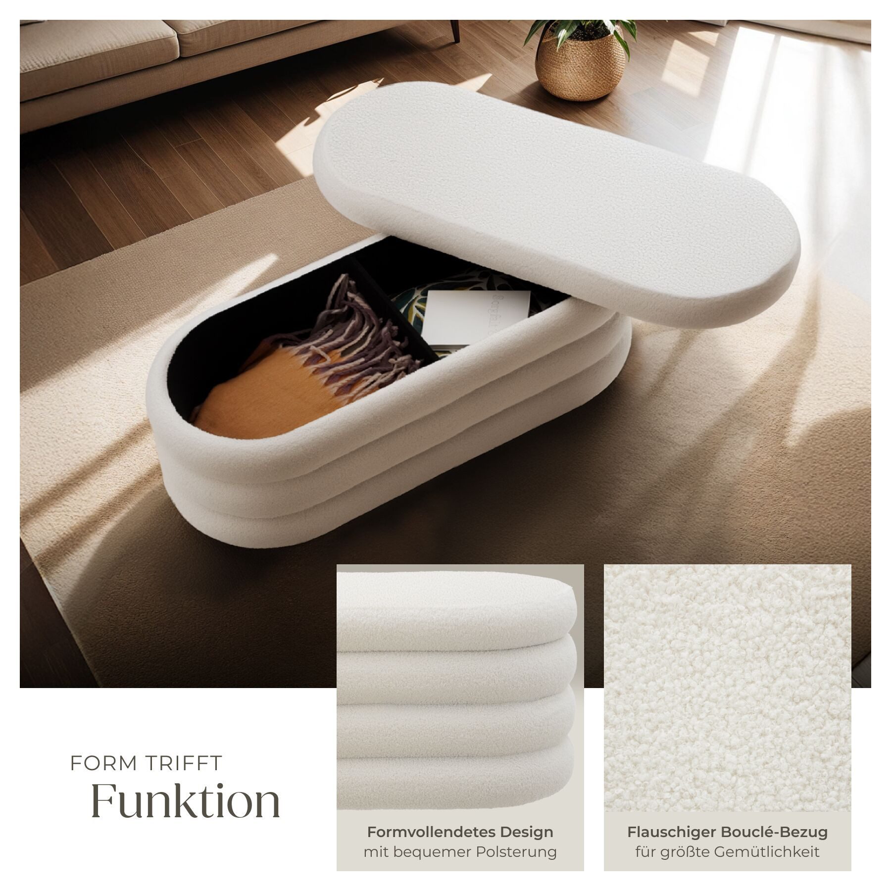tectake Bank Polsterbank Altu mit großem Stauraum, 110 x 45 x 42 cm (Sitzbank, 1-St. Bouclé Creme-Weiß), bodenschonende Kunststoffkappen, Belastbarkeit 150 kg