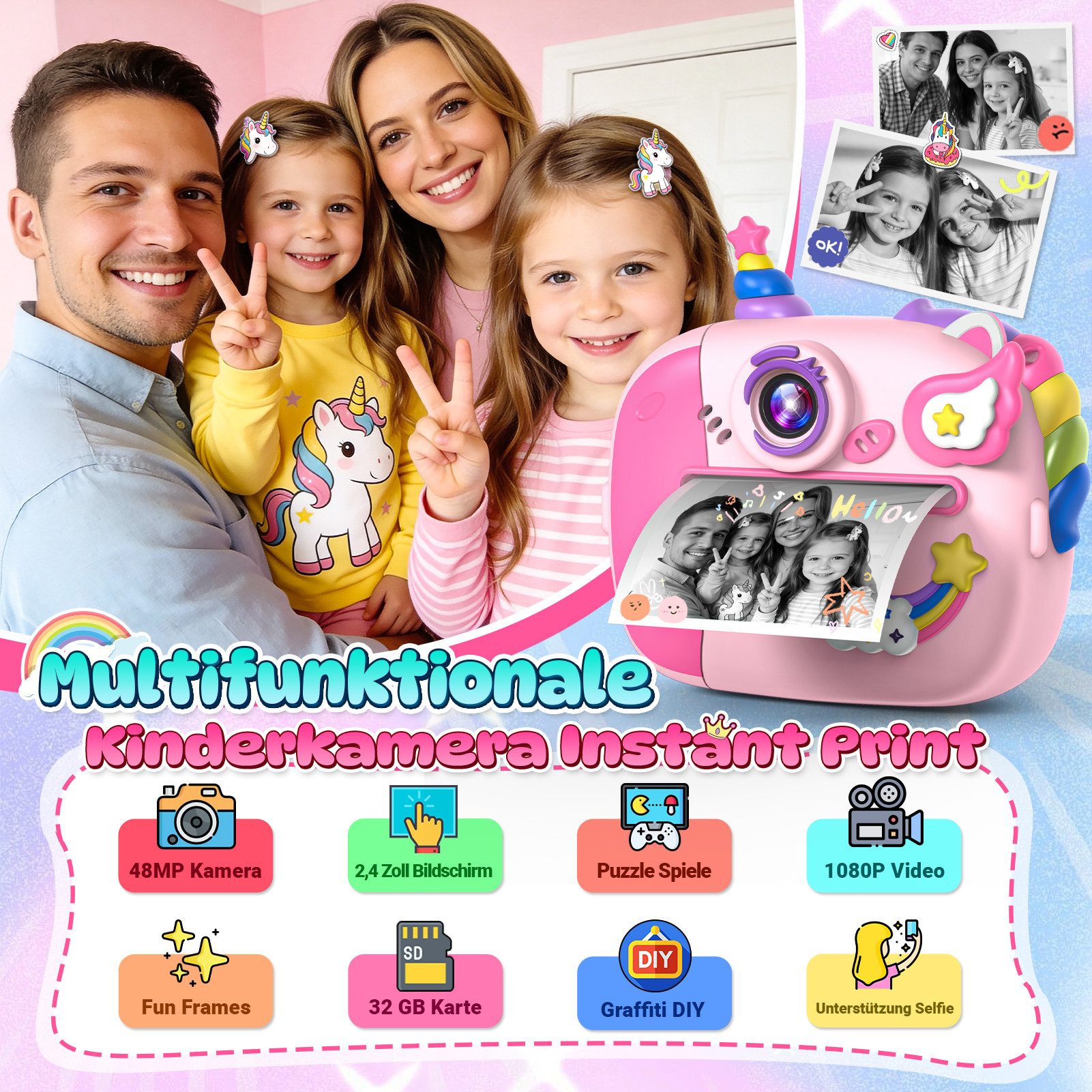 Wootoy Kinder Sofortbildkamera 48MP 1080P HD Digitalkamera Spielzeug Kinderkamera (3A03, 48 MP, inkl. 16-facher Digitalzoom und 2,4-Zoll-IPS-Display, Thermodruck-Technologie inklusive 3 Rollen Thermopapier)