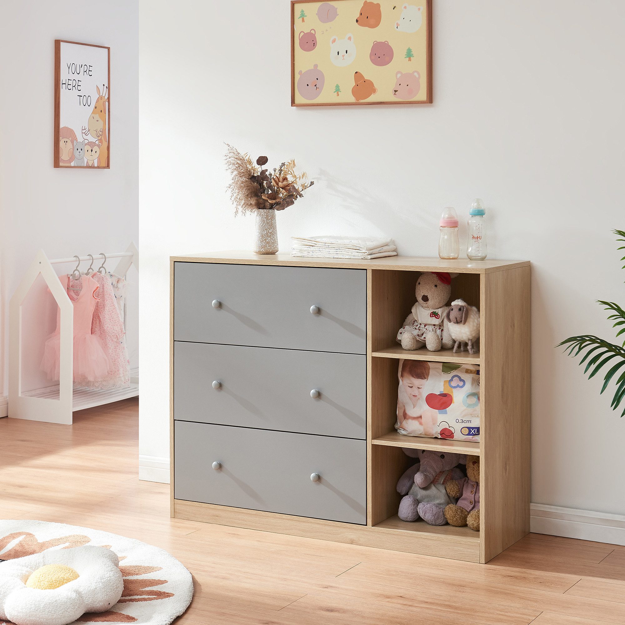 en.casa Wickelkommode, »Beldinupp« mit abnehmbarer Wickelauflage 93x110x55 cm Eiche/Grau