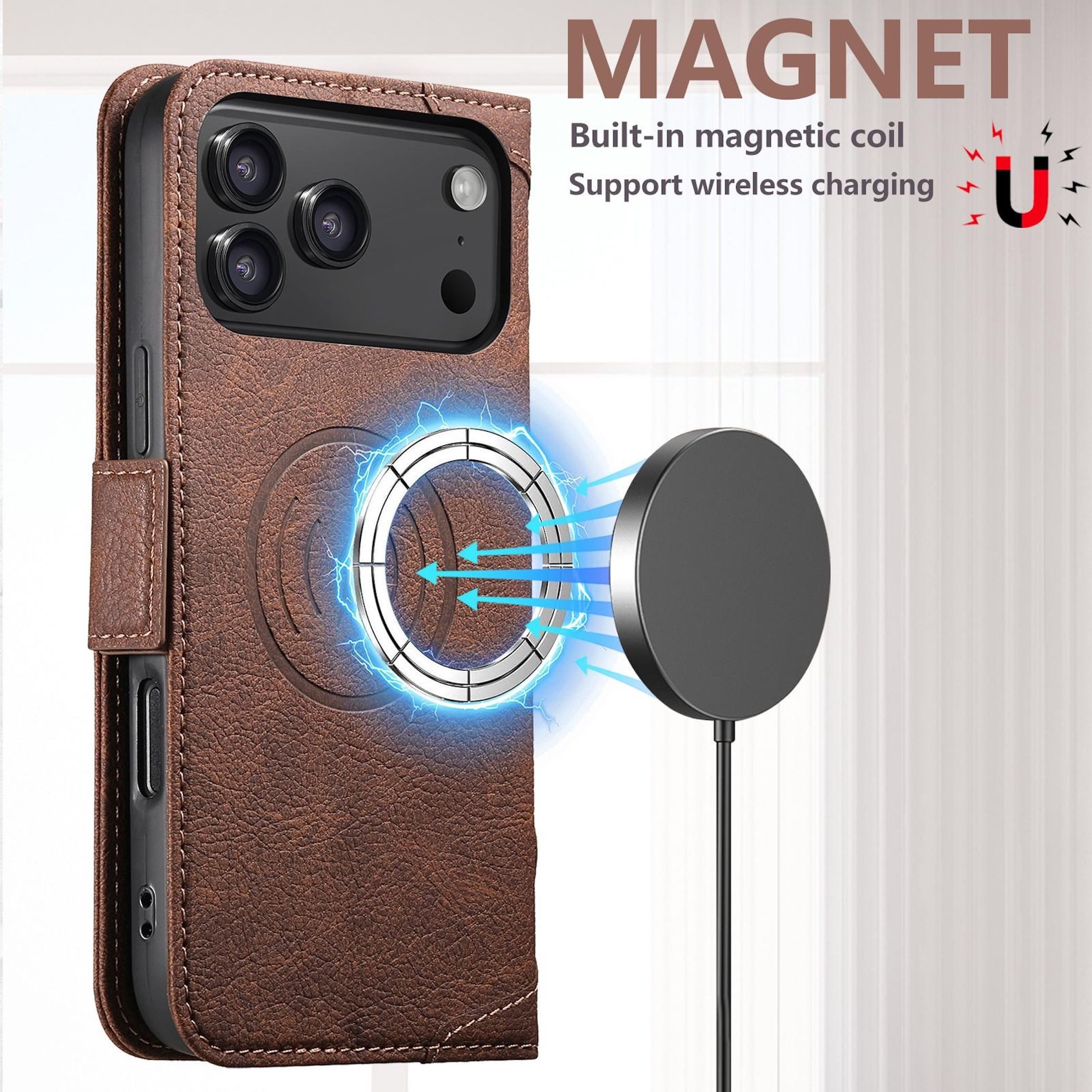 Wigento Handyhülle Klapphülle für Apple iPhone 17 Pro MagSafe Kartenfach Stand Braun 6,3 Zoll, MagSafe, Multifunktional