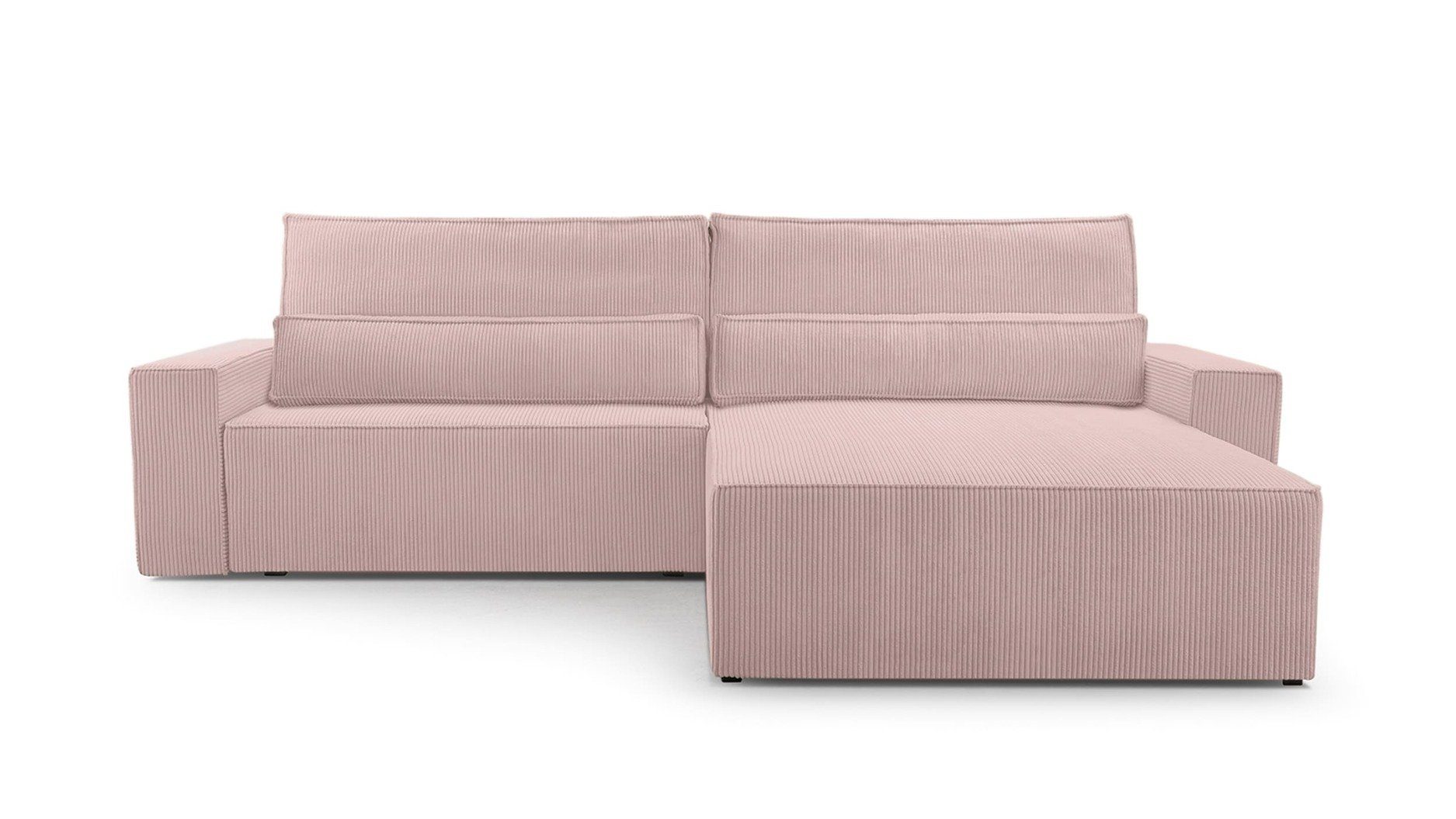 Bettkasten Sofagarnitur für Cordstoff Eckcouch Cord (Poso - Couch montierbar und L-Form DENVER, Schlaffunktion Schlafsofa Wohnzimmer MOEBLO 145) 297x85x185cm, Ecksofa Sofa beidseitig Rosa mit mane