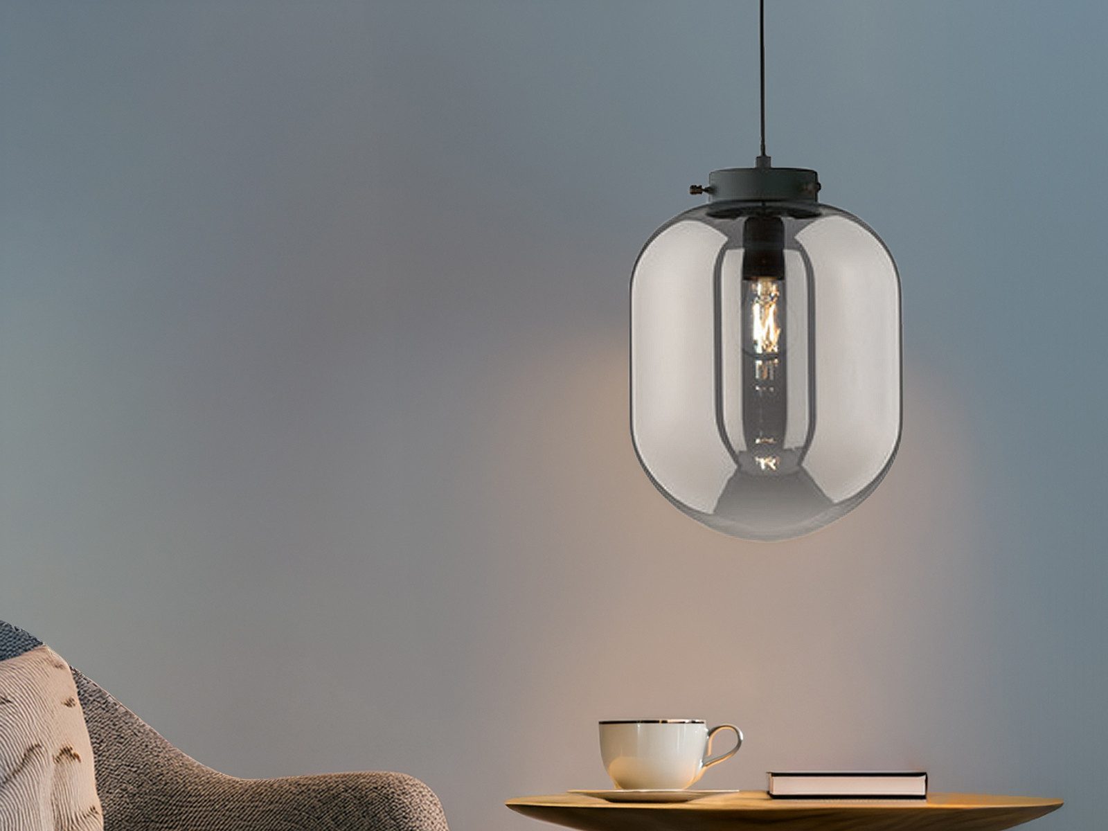 FISCHER & HONSEL LED Pendelleuchte, LED wechselbar, Warmweiß, Industrial Rauchglas Glas-Kugel einflammig Schwarz hängend Ø18cm klein