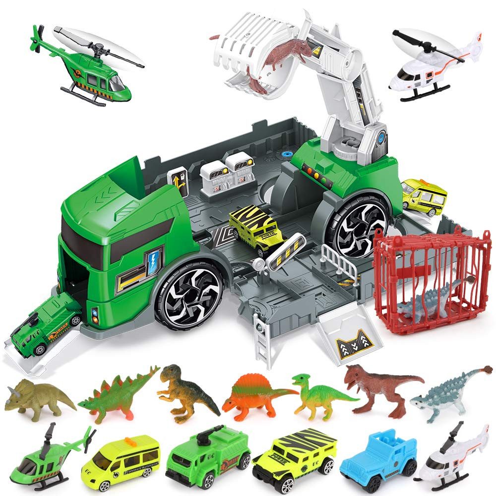 LBLA Spielzeug-LKW Dino LKW Autotransporter Spielzeug Set mit 7 Dino und 6 Mini Auto, Dinosaur Play Set Geschenke für Kinder ab 3 Jahre