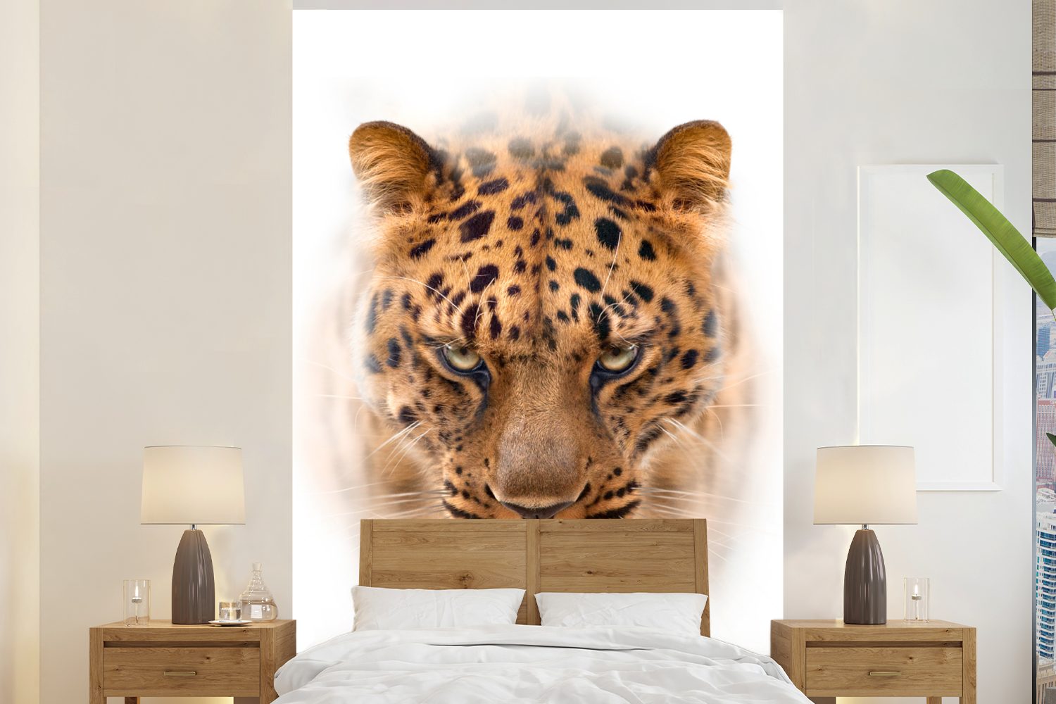 für Montagefertig (3 St), Fototapete Wandtapete Kopf - Leopard Matt, - MuchoWow Weiß, Wohnzimmer, bedruckt, Vinyl Tapete
