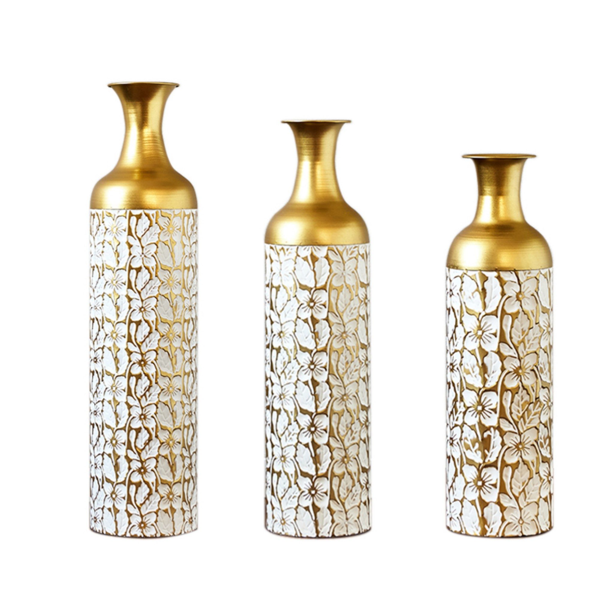 LVHOM Dekovase Bodenvase, Tischvase, 3 tlg. Geometrisches Metall-Vasen-Set, Gold (drei Höhen (50 cm, 66 cm, 83 cm), Handgefertigt aus Metall. Langlebig & makellos. Exklusiv für Trockenblumen/Pampas & Stil, Ideal als Raumteiler, Pflanzübertopf, Solitärobjekt kreativ gestapelt)
