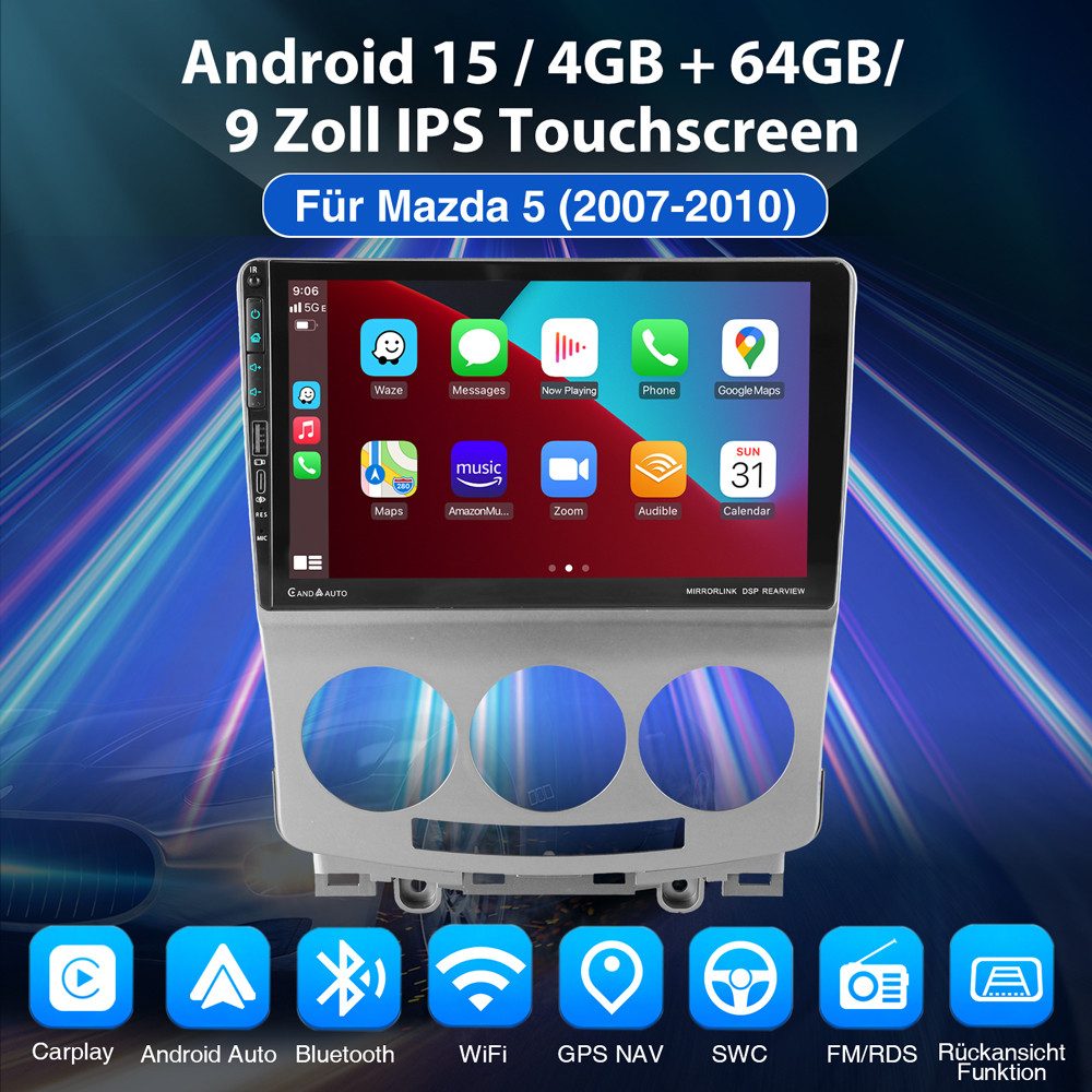 ESSGOO Für Mazda 5 V 2005-2010 Android 15 USB Apple Carplay Type-C Autoradio (RDS, Digitalradio (DAB), FM, AM, Carplay Android Auto GPS Navi WIFI BT) – Bild 2 von 5