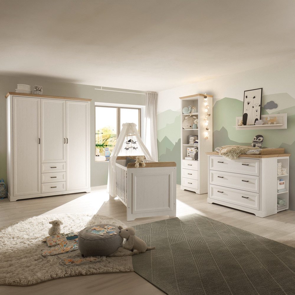 Lomadox Babyzimmer-Komplettset JASPER-78, (5-tlg), Anderson Pine Nb. weiß, Eiche Nb., 5-teilig