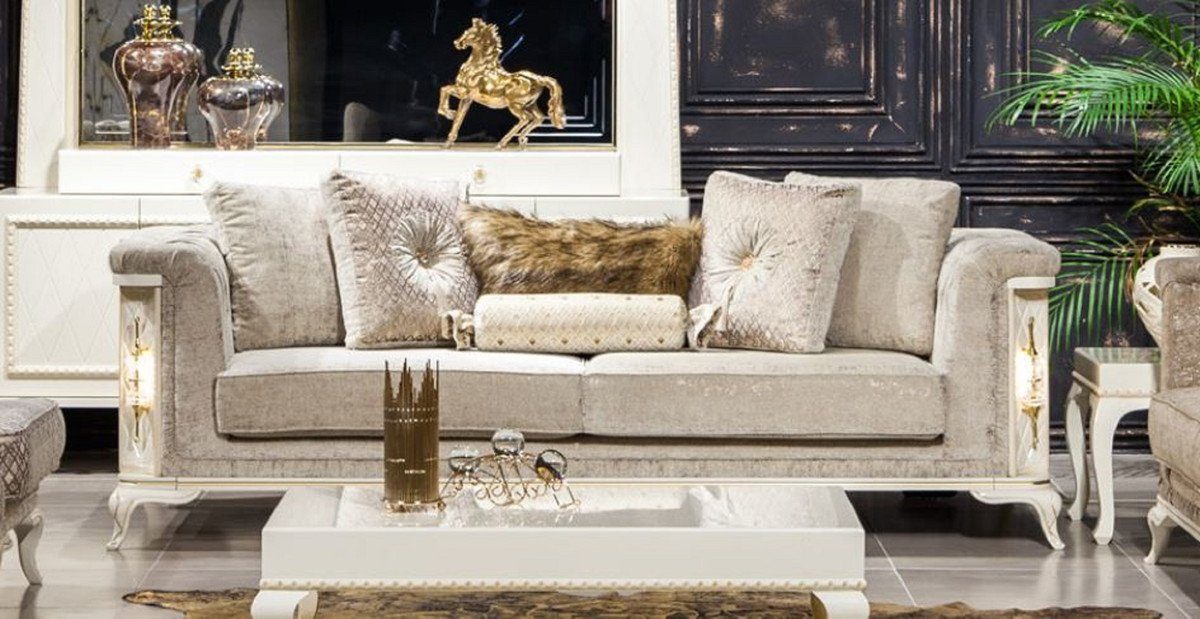 Casa Padrino Sofa Luxus Barock Sofa Hellgrau / Weiß / Gold - Beleuchtetes Wohnzimmer Sofa im Barockstil - Barock Wohnzimmer Möbel - Edel & Prunkvoll