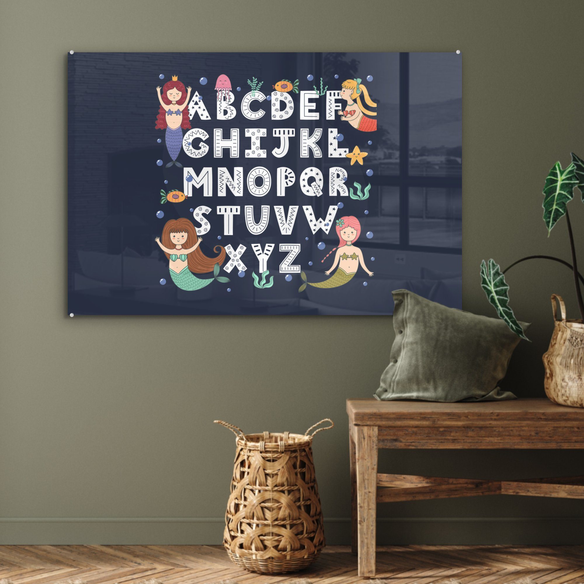 MuchoWow Acrylglasbild Illustration Acrylglasbilder St), mit Meerjungfrauen, Alphabet (1 & Wohnzimmer Schlafzimmer
