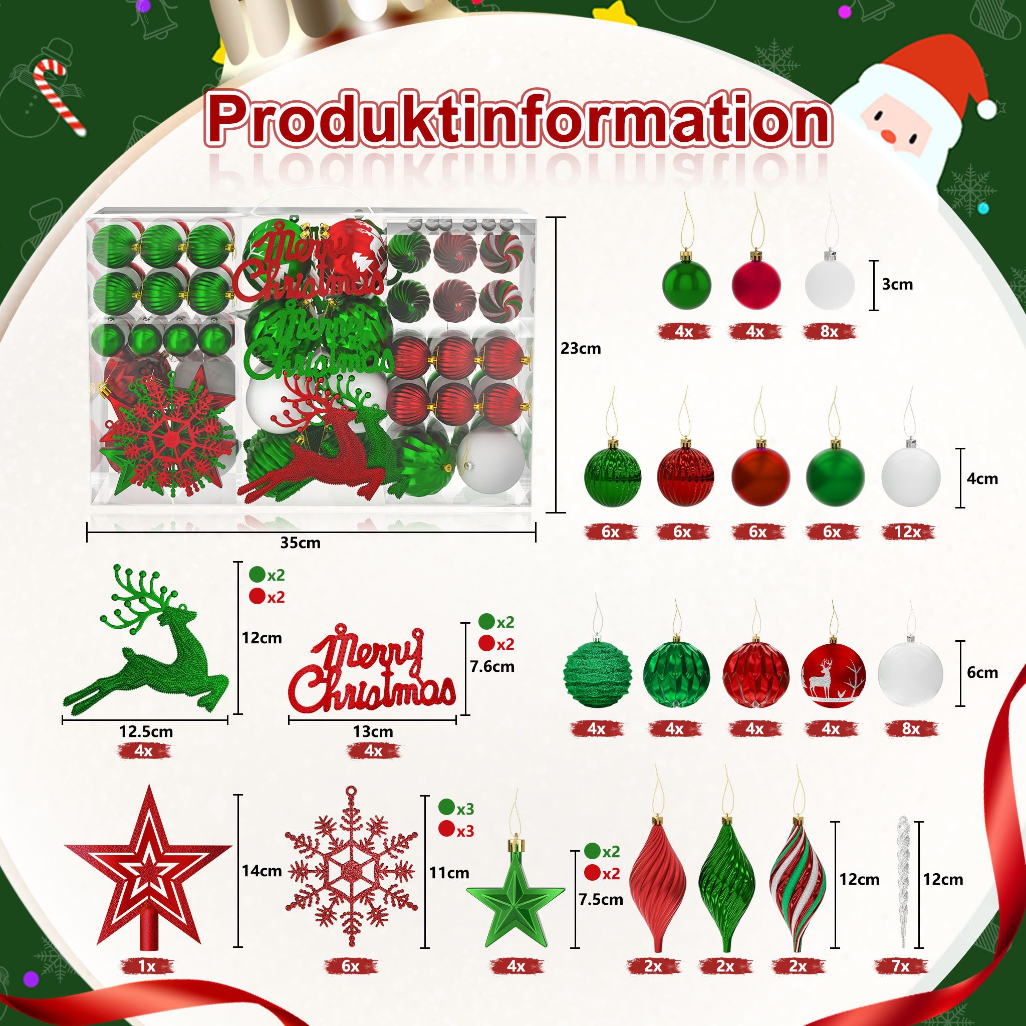 FIVMEN Weihnachtsbaumkugel 108 Stück Weihnachtskugeln Kunststoff mit Stern Spitze, Mehrere Farboptionen