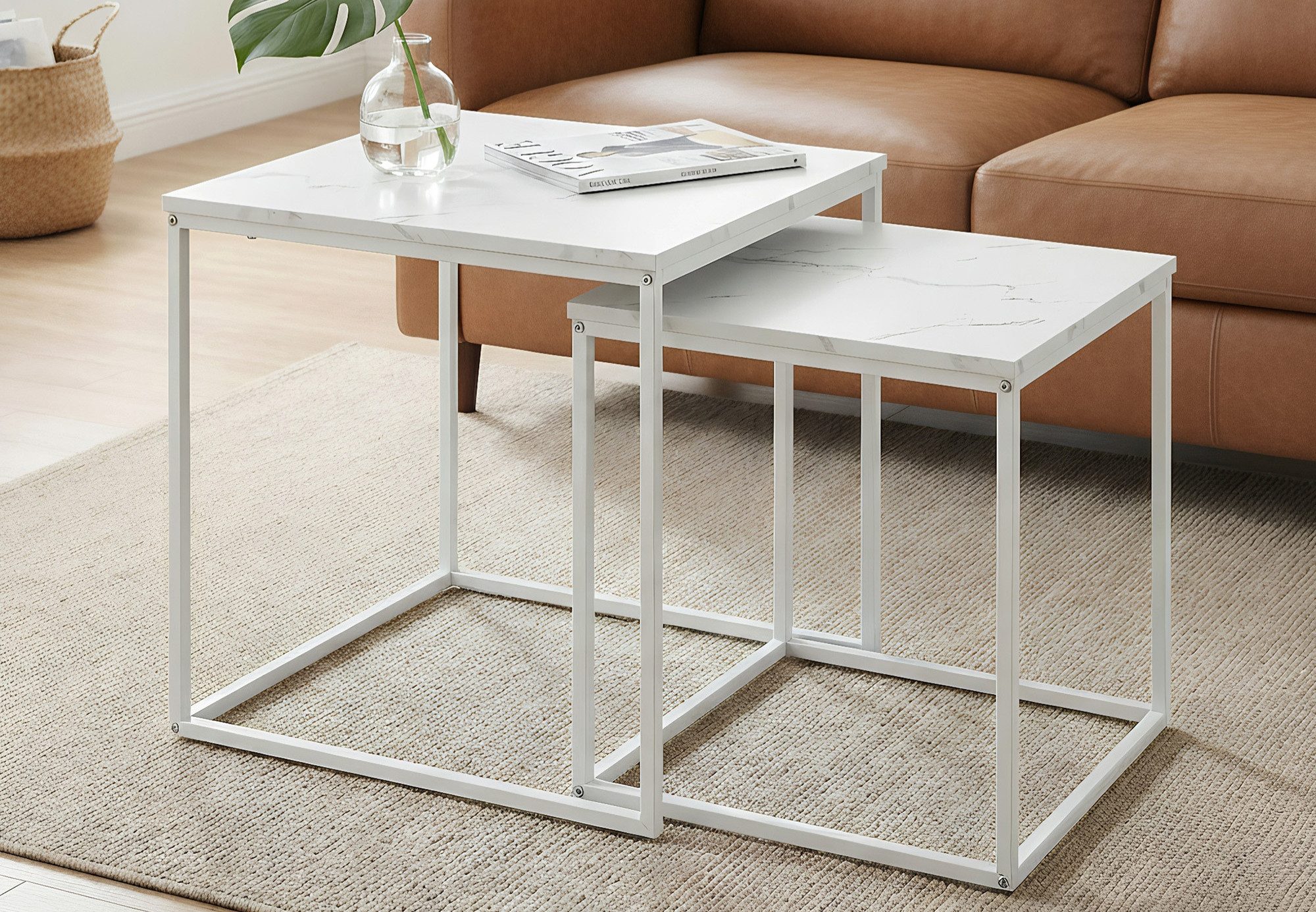 Home Collective Couchtisch 2er Set Beistelltisch Loft Design 2in1 Verschachtelung Wohnzimmer, kratzfeste Oberfläche 50cm & 45cm Weiß Marmor Optik mit Weißen Beinen