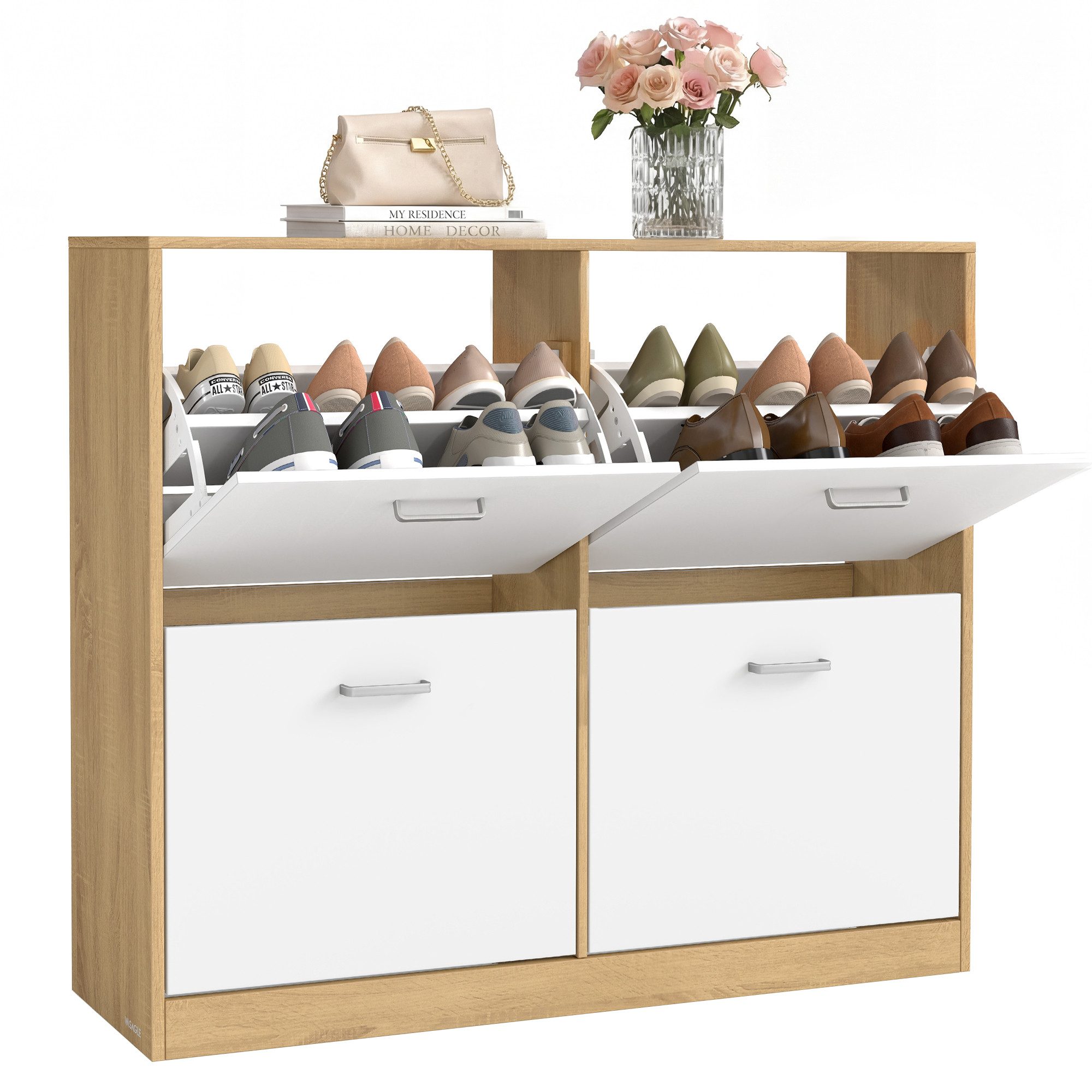 VASAGLE Schuhschrank 4 Klappen, Schuhkipper, Schuhregal, Flur, 24 x 105,5 x 82,7 cm Trennwand verstellbar, für 16-28 Paar Schuhe, EU-Größe bis 48,5
