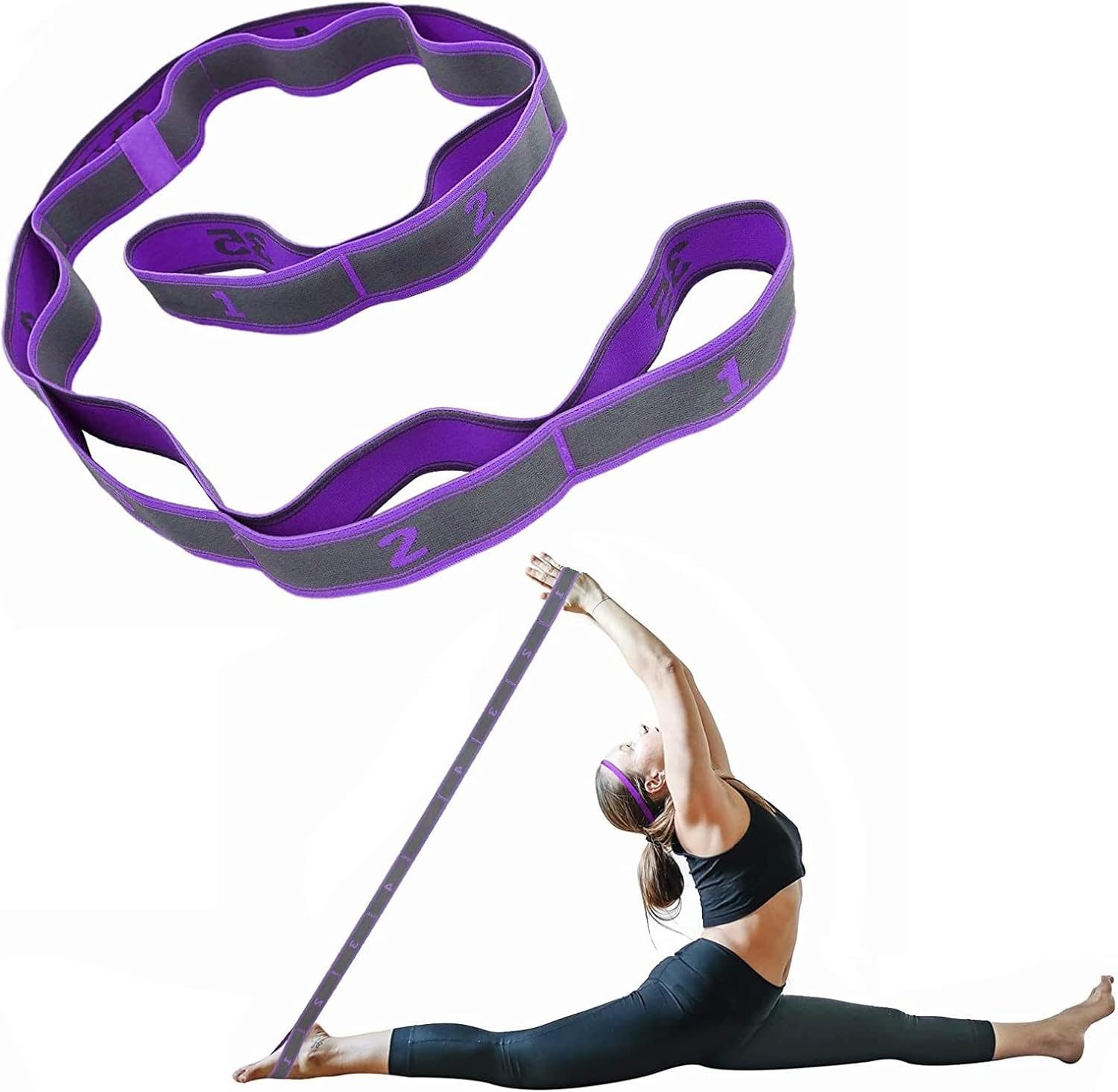 MOPUEA Trainingsbänder Yoga Stretch Gurt, Gymnastikbänder Trainingsband Fitnessbänder, mit 9 Schleifen, Dehnungsband für Pilates, Gymnastikband & Training