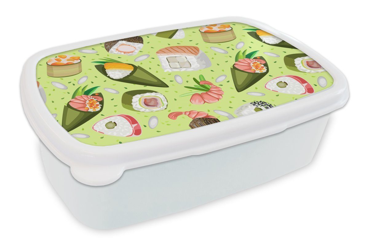 MuchoWow Lunchbox Muster - Sushi - Japan - Grün, Kunststoff, (2-tlg), Brotbox für Kinder und Erwachsene, Brotdose, für Jungs und Mädchen weiß