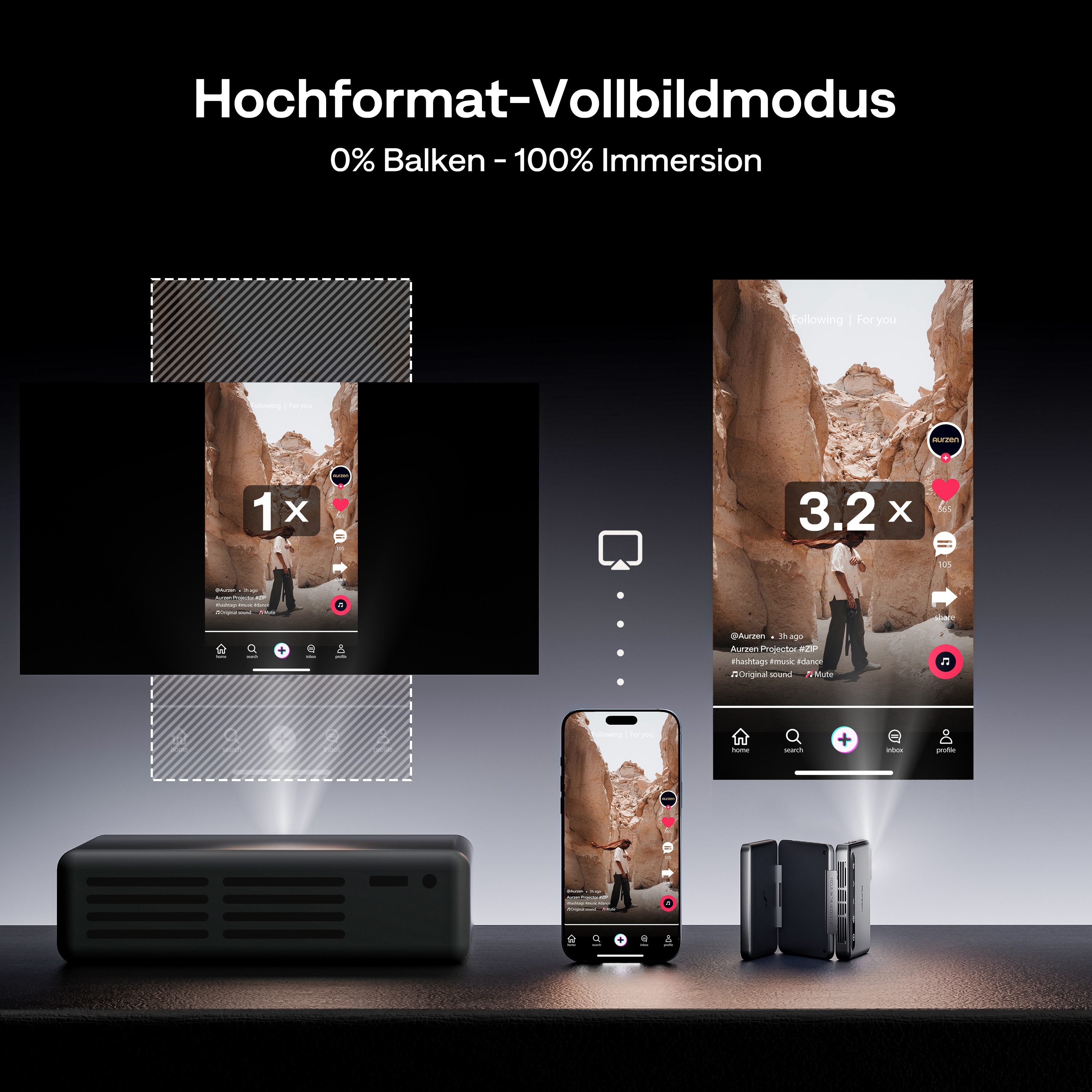 Aurzen ZIP Tri-Fold DLP Mini-Projektor Taschenformat 4K Unterstützt Beamer (1920 x 1080 px, Autofokus ohne Verzögerung, 1-Klick-Spiegelung, Vollbildmodus)