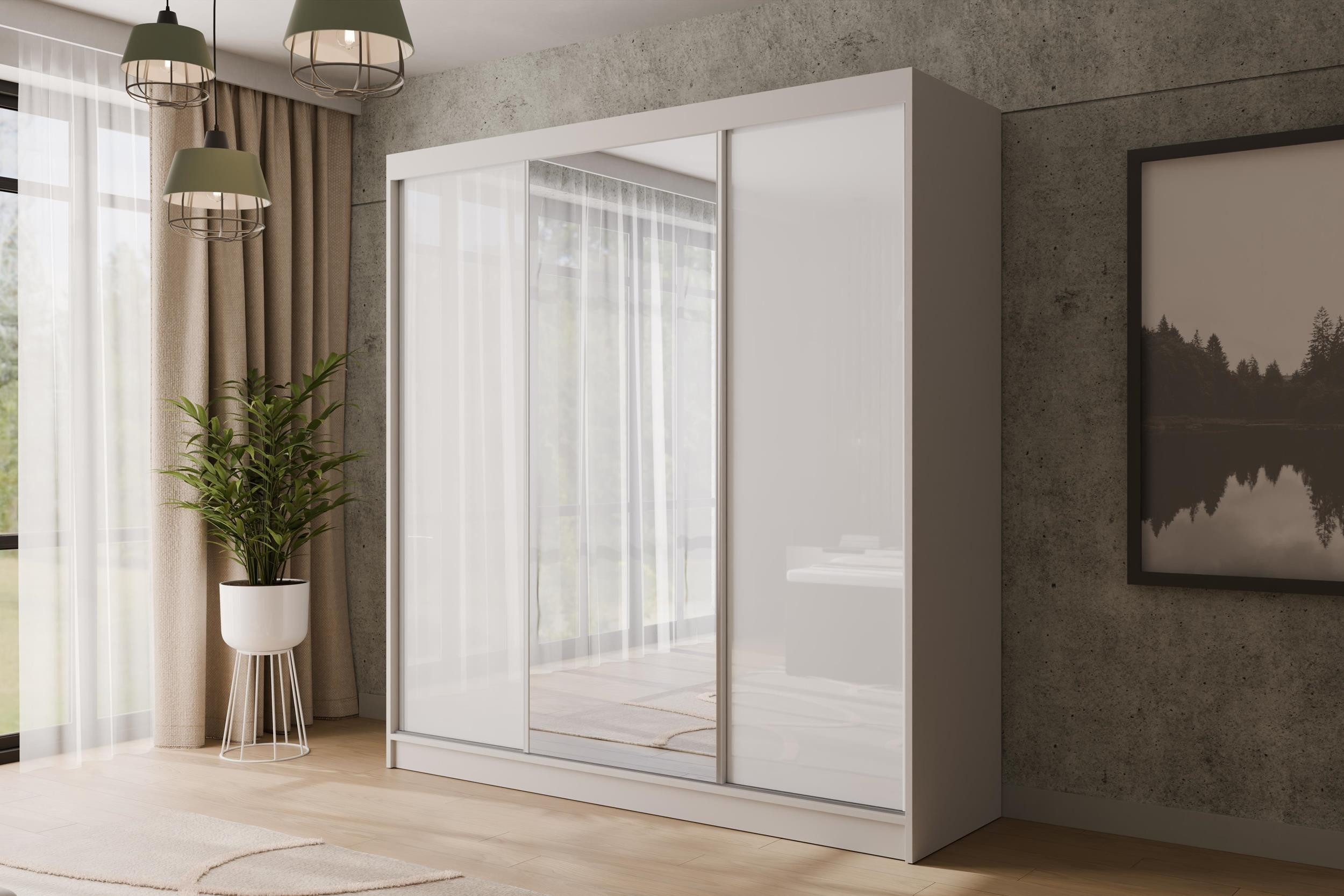 ALTDECOR Schiebetürenschrank V2-STILO (Kleiderschrank Garderobenschrank mit viel Stauraum Moderner Schrank) Spiegel Spiegeltüren Geriffelte Fronten Schwebetürenschrank