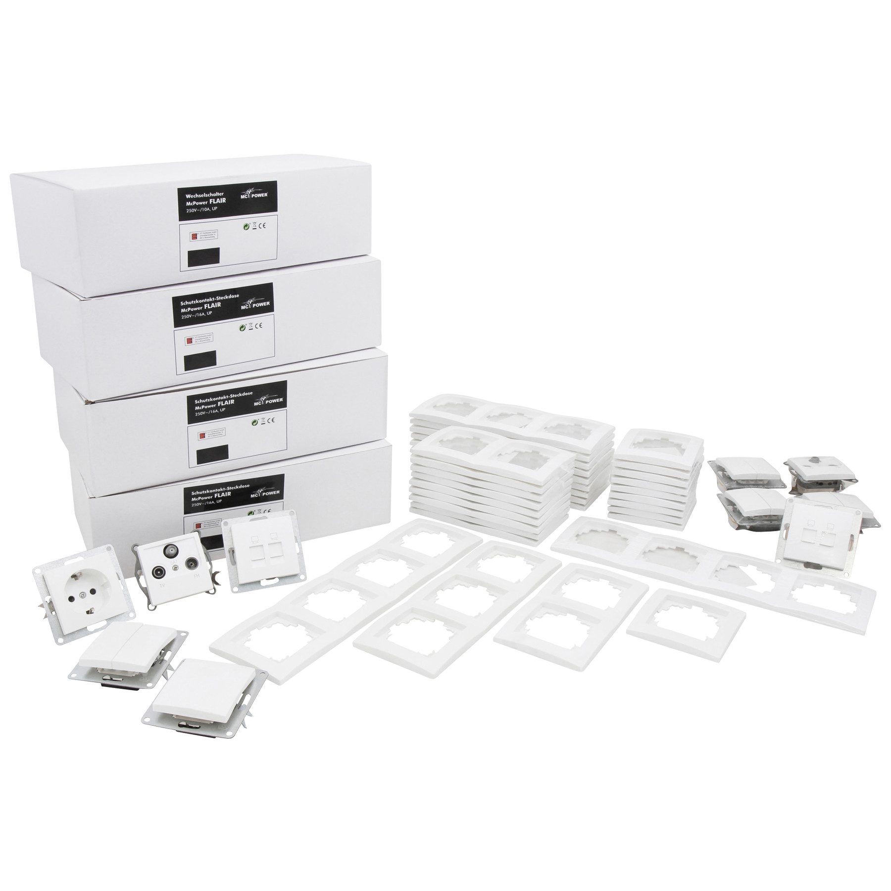 McPower Schalter MCPOWER Schalter und Steckdosen Set Flair, Megaset, 100-teilig, weiß